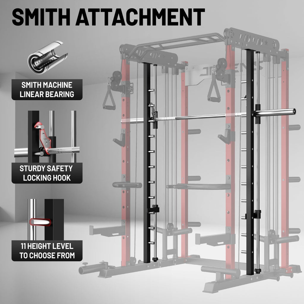JELENS Smith Machine for Home Gym, Multi-Function M12 Power Cage with Cable Crossover System, Squat Rack with Smith Bar and More Attachment