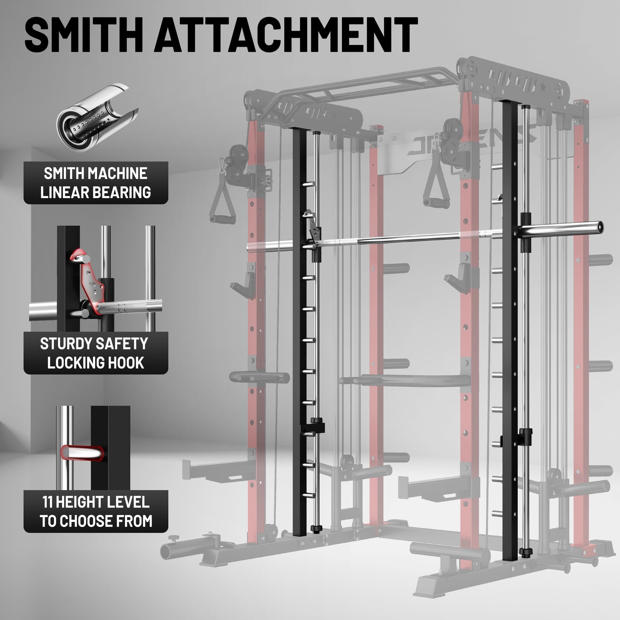 JELENS Smith Machine for Home Gym, Multi-Function M12 Power Cage with Cable Crossover System, Squat Rack with Smith Bar and More Attachment