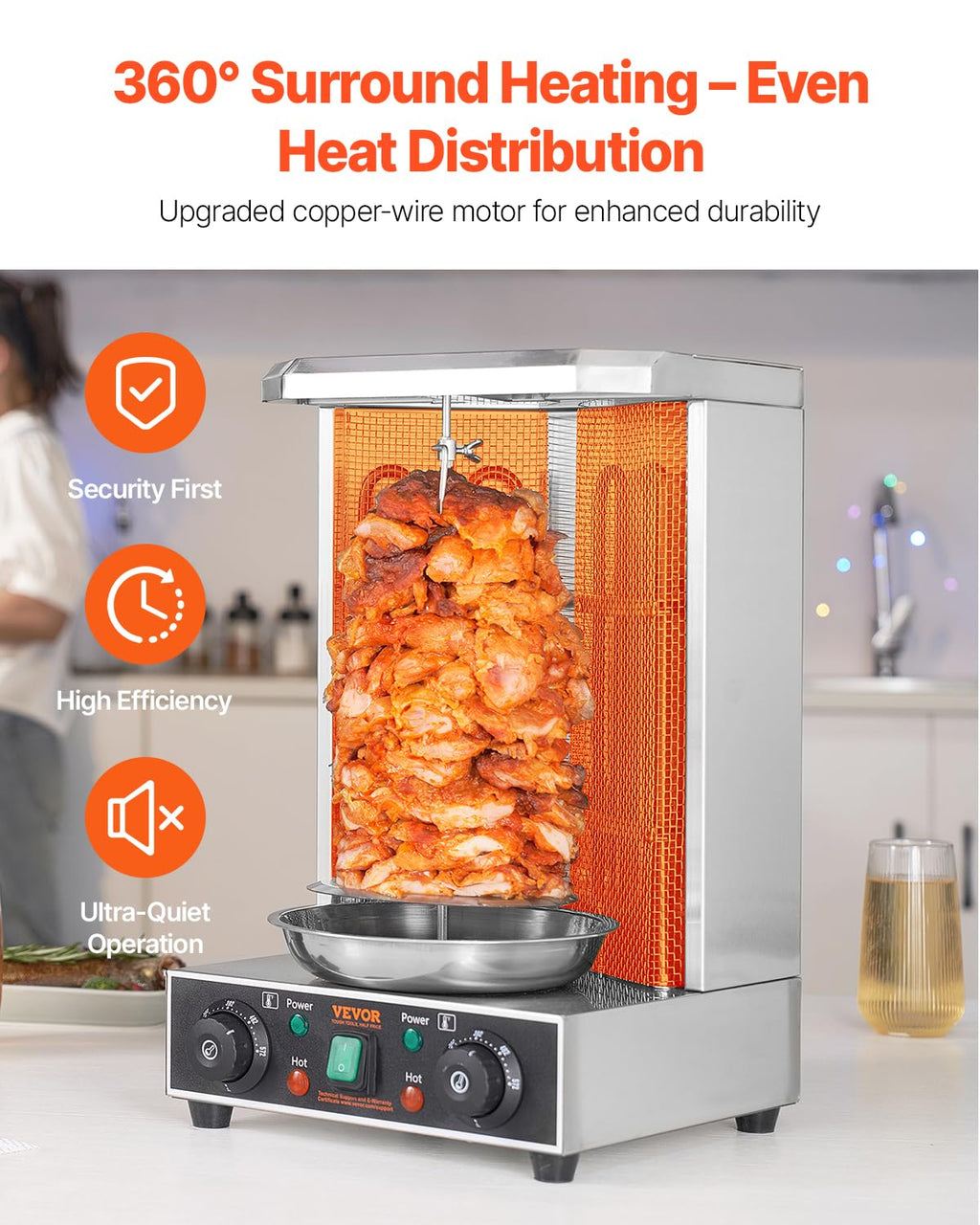 VEVOR Shawarma Grill Machine, Chicken Shawarma Cooker Machine Countertop, Electric Stainless Steel Broiler Gyro Rotisserie Oven Doner Kebab Machine, for Home Restaurant Kitchen Parties