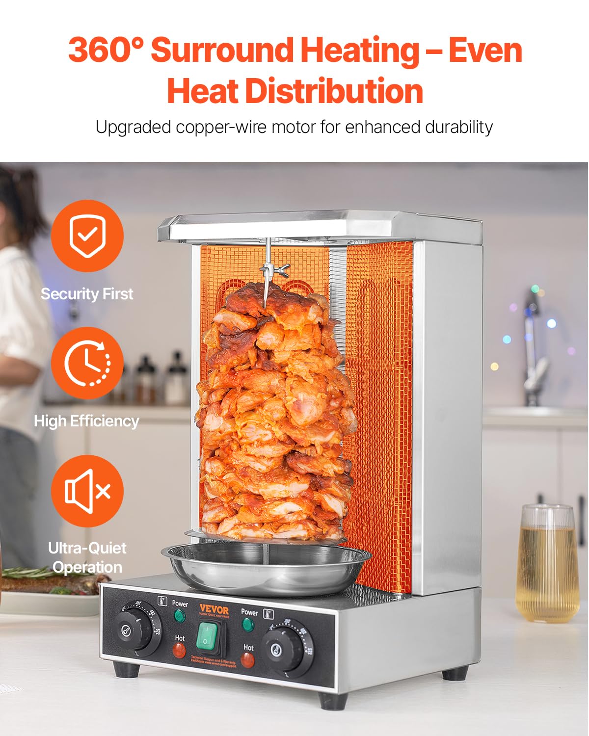 VEVOR Shawarma Grill Machine, Chicken Shawarma Cooker Machine Countertop, Electric Stainless Steel Broiler Gyro Rotisserie Oven Doner Kebab Machine, for Home Restaurant Kitchen Parties