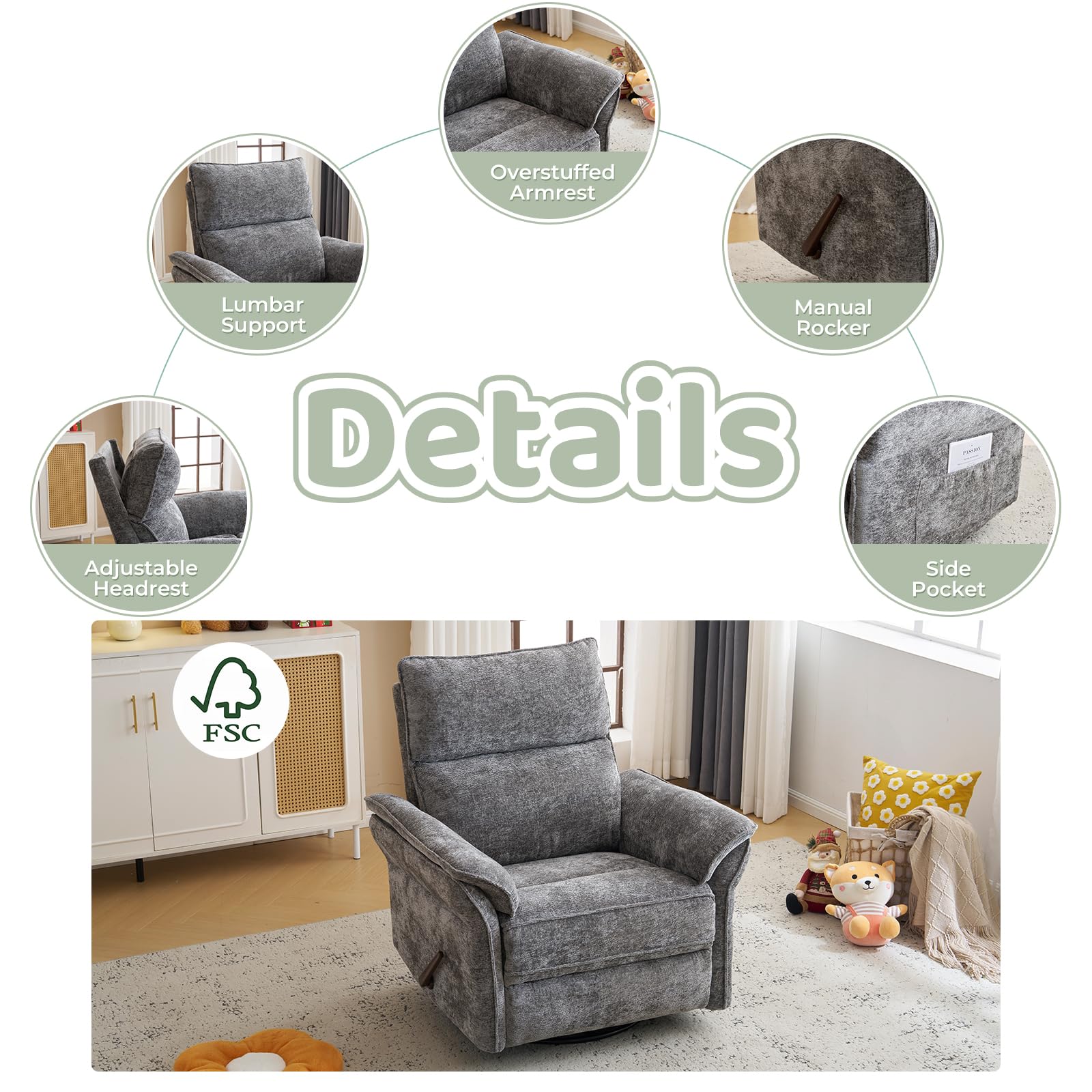 Oversized Rocking Chair Nursery with Massage and Heat, Glider Recliner Nursery Chair with Adjustable Headrest, Power Swivel Rocker Recliner Chair with USB Port, Dark Grey
