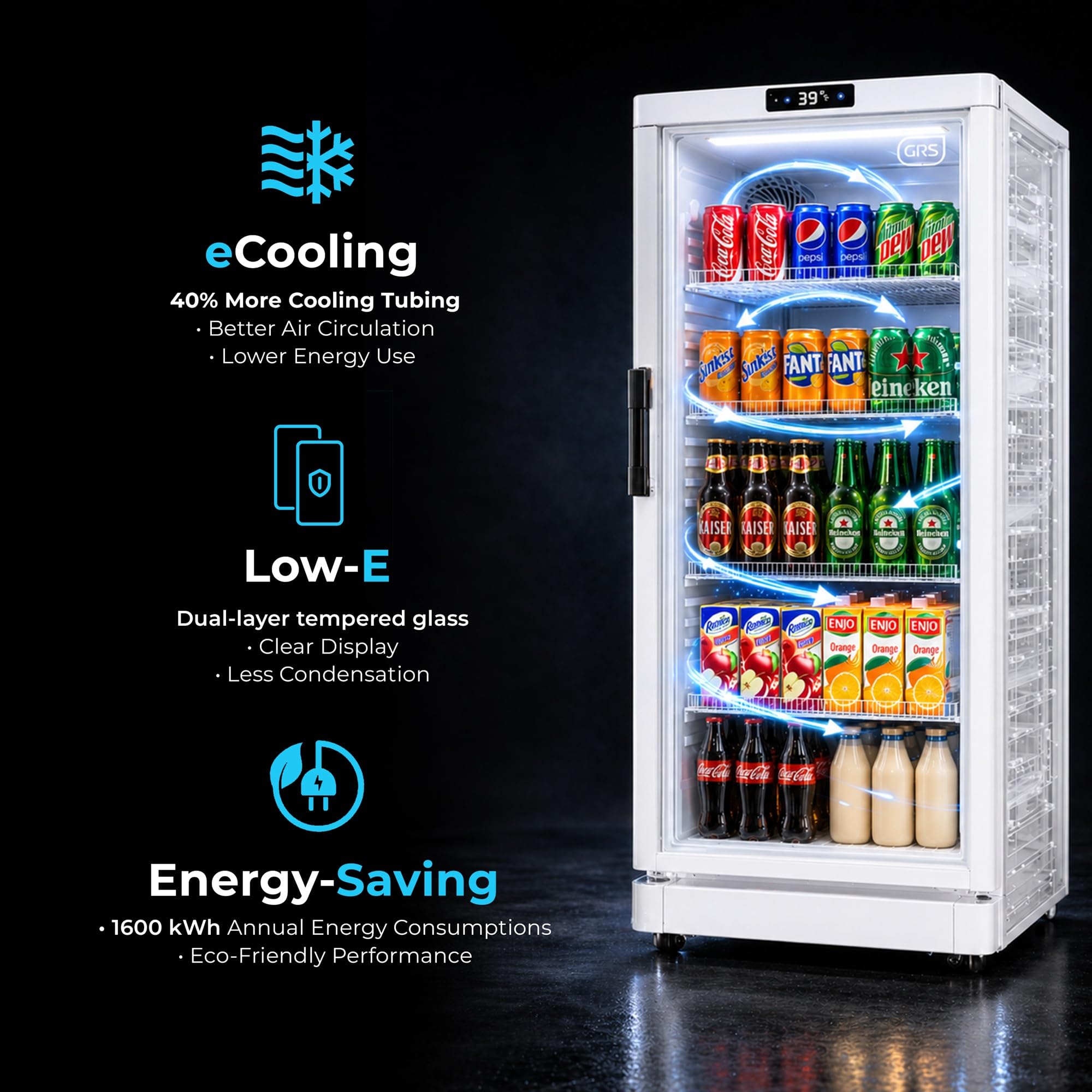 GRS Commercial Display Refrigerator with Glass Door Lock | Cool Air Flow & Temperature | Beverage fridge, Drink and Wine Cooler with Adjustable Display Shelf for Stores and Bars | Black, 7.1 Cu. Ft