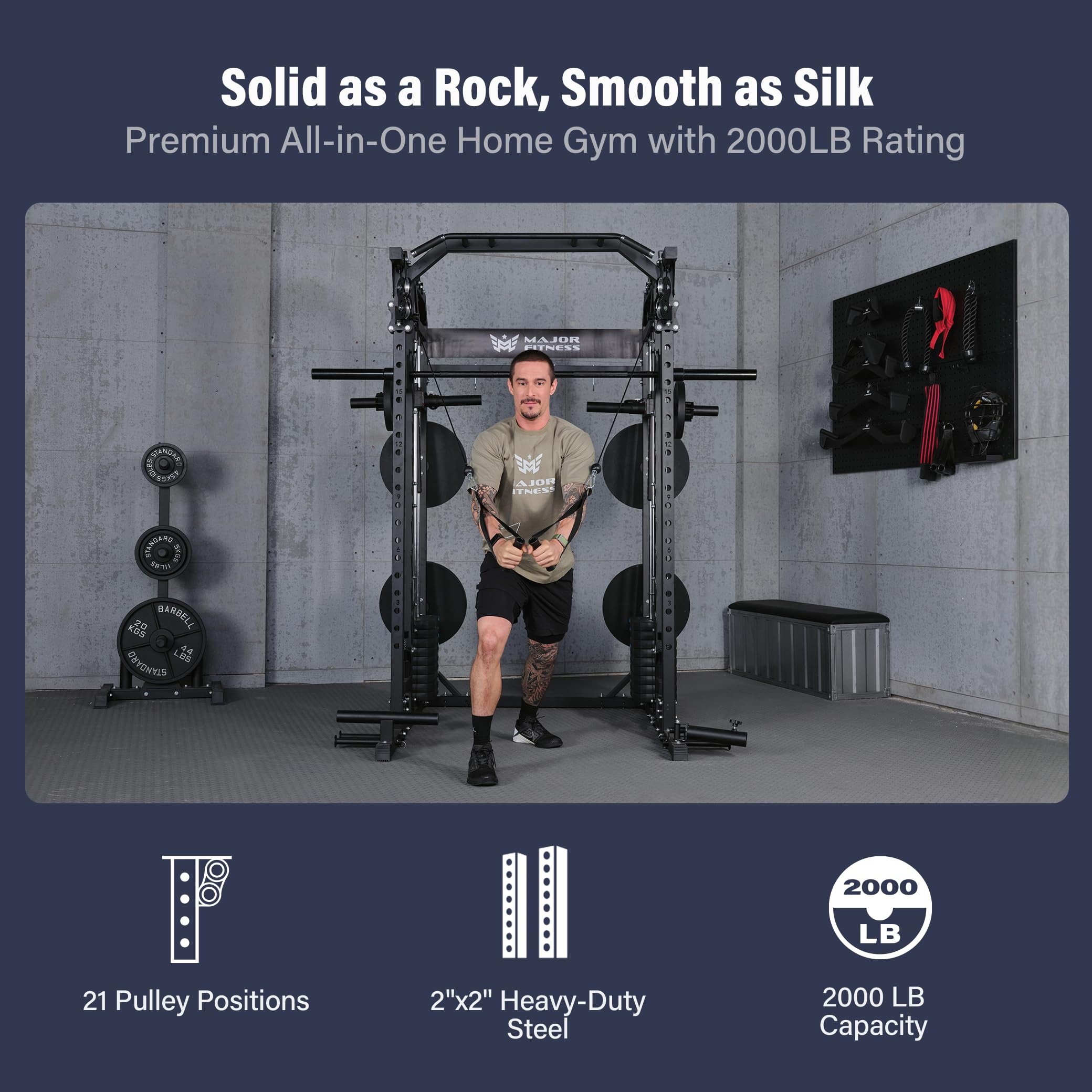 Major Fitness Drone2 Advanced Training Smith Machines– All-in-One Home Gym Squat Rack with Aluminum Pulley Set , Weight Bar, Dual LAT Pull-Down Systems & Cable Crossover Machine for Full-Body Workouts