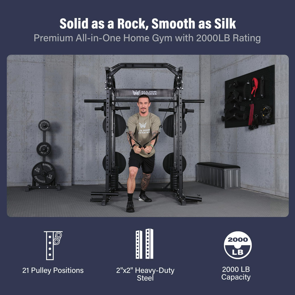 Major Fitness Drone2 Advanced Training Smith Machines– All-in-One Home Gym Squat Rack with Aluminum Pulley Set , Weight Bar, Dual LAT Pull-Down Systems & Cable Crossover Machine for Full-Body Workouts
