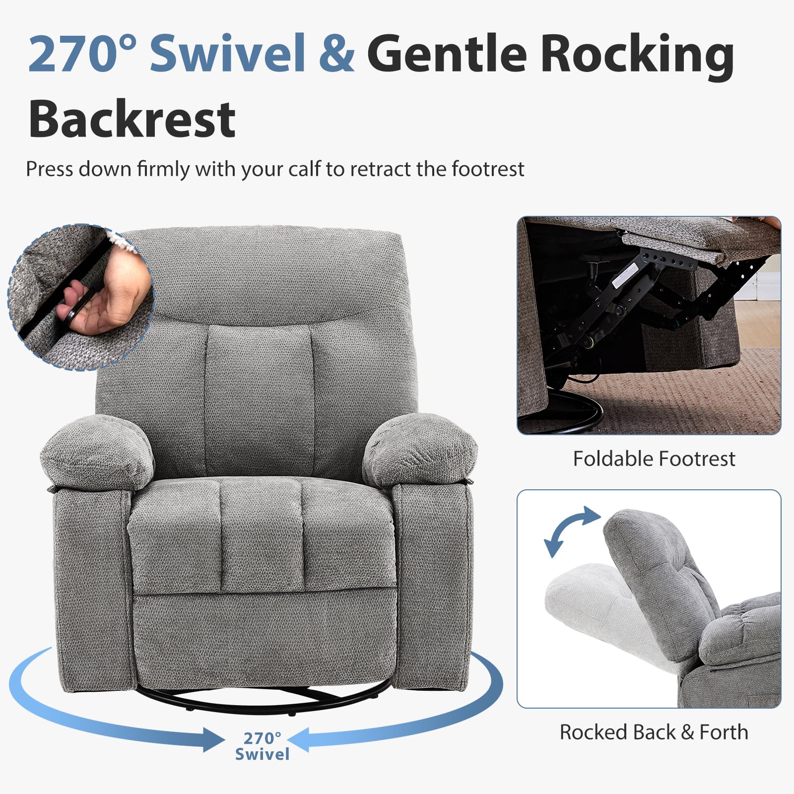 DUMOS Rocker Recliner Chair, Swivel Recliner with Vibration Massage & Lumbar Heating, 270° Rotating Chenille Fabric Recliner with footrest for Living Room & Bedroom, Grey