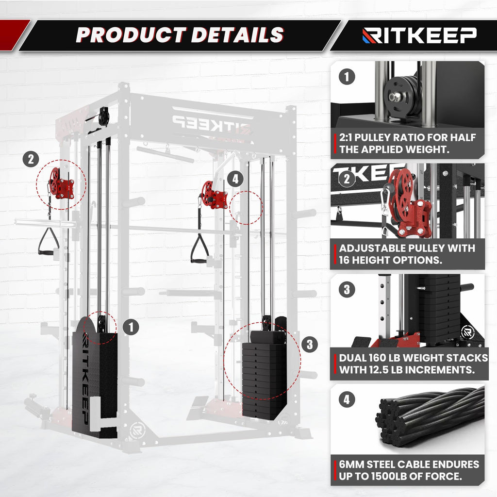 RitKeep PMAX-5600 Pro Heavy-Duty Smith Machine Squat Rack with 320 LB Weight Stacks, 6-in-1 Multi-Function Home Gym System, Dual Cable Crossover and 2000 LB Capacity for Full-Body Strength Training