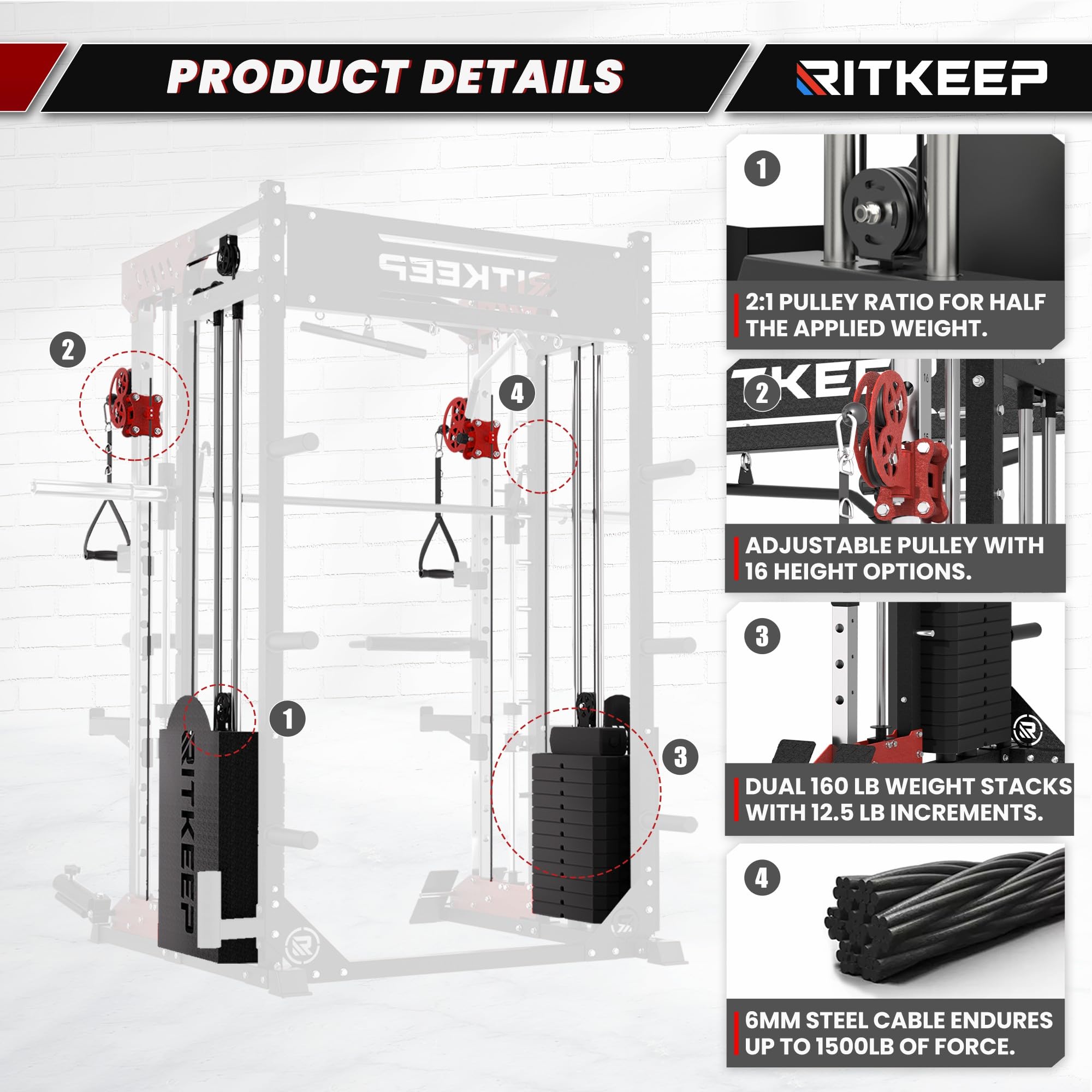 RitKeep PMAX-5600 Pro Heavy-Duty Smith Machine Squat Rack with 320 LB Weight Stacks, 6-in-1 Multi-Function Home Gym System, Dual Cable Crossover and 2000 LB Capacity for Full-Body Strength Training