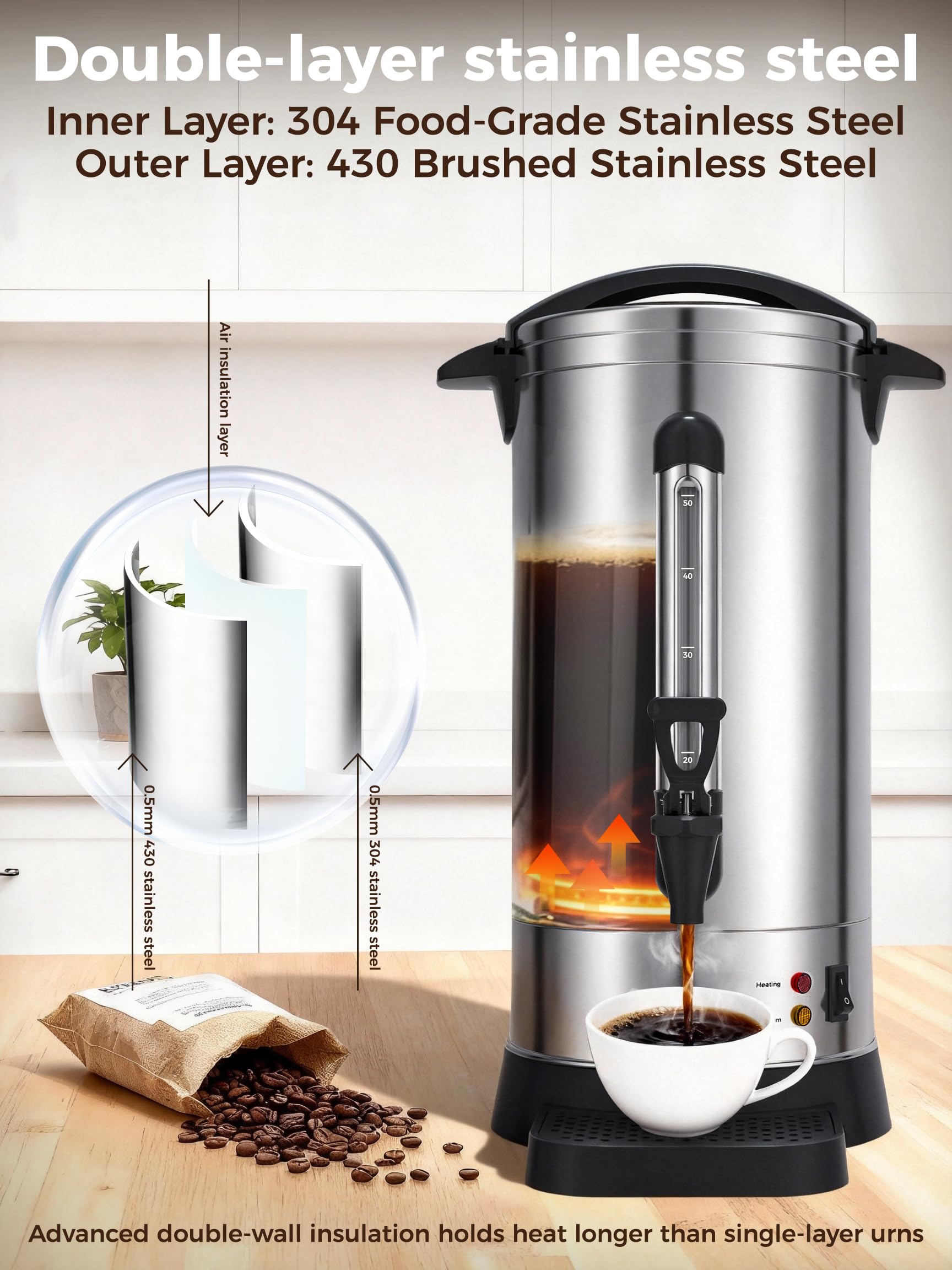 OSTBA 1500W Commercial Coffee Urn 100 Cup / 15L Large Percolator Coffee Pot, Double-Wall 304 Stainless Steel Hot Water Dispenser, Fast Brewing Electric Coffee Maker for Catering, Parties, Offices