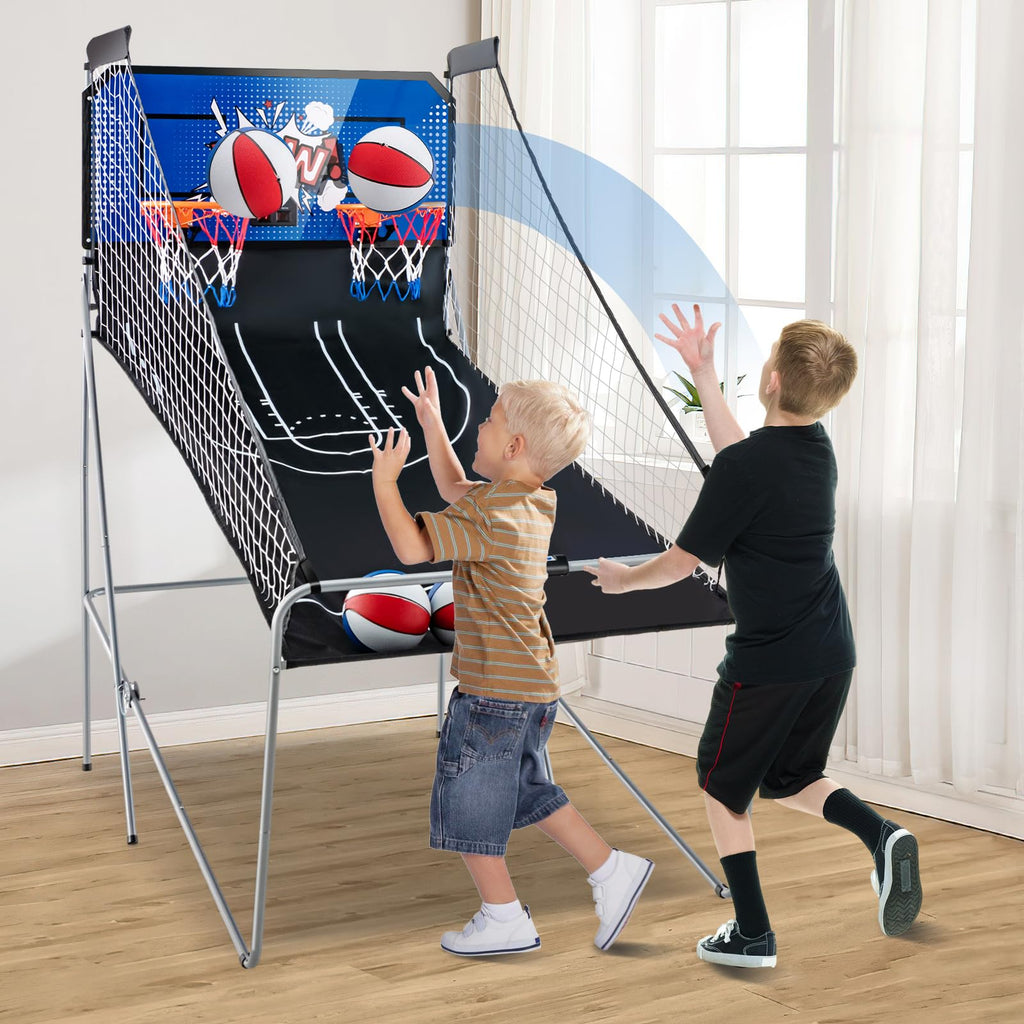 KOTEK Basketball Arcade Game Indoor, Foldable Dual Shot Electronic Basketball Games for 2 Players w/8 Game Options & LED Scoring System, Basketball Hoop Arcade for Family Home Play (Green)
