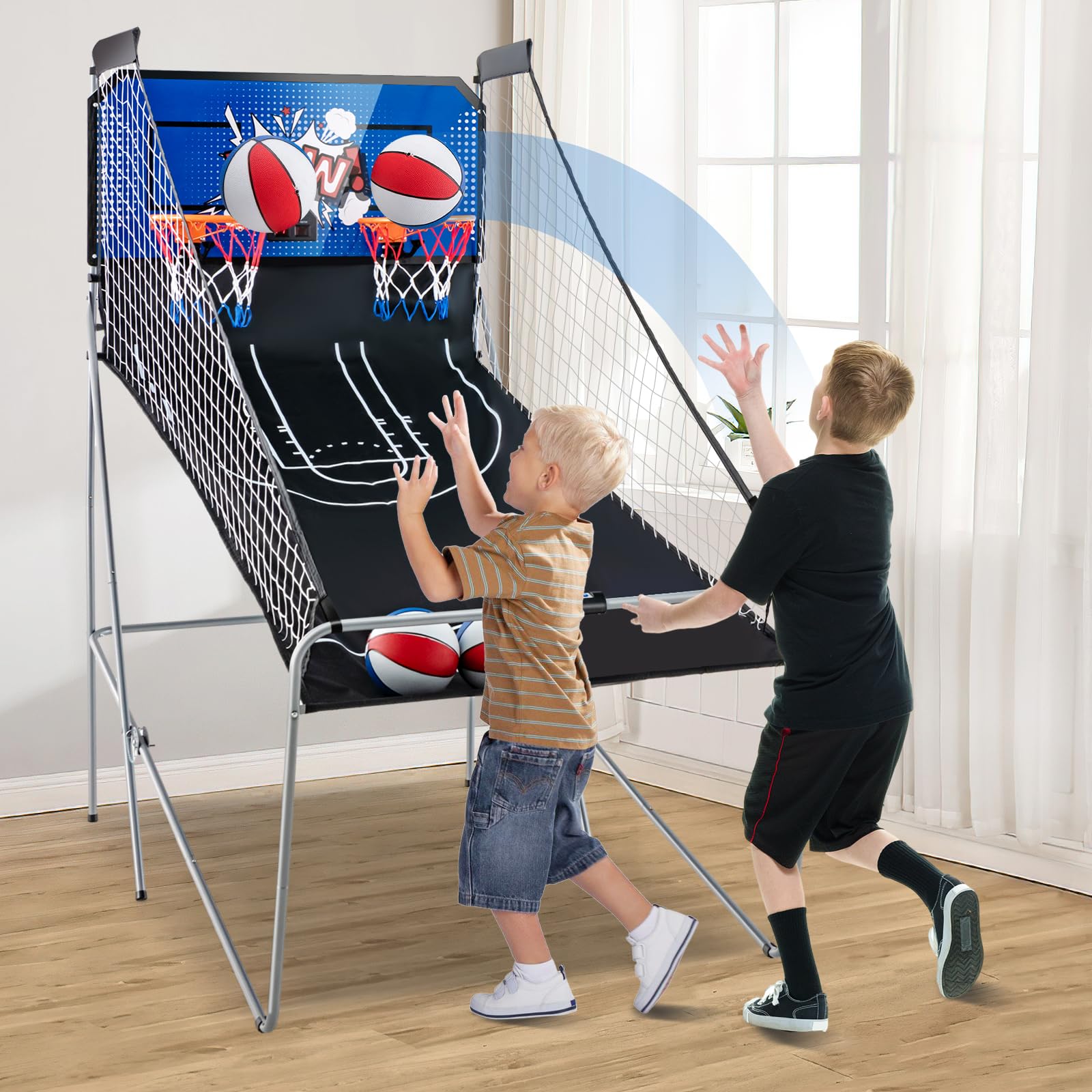KOTEK Basketball Arcade Game Indoor, Foldable Dual Shot Electronic Basketball Games for 2 Players w/8 Game Options & LED Scoring System, Basketball Hoop Arcade for Family Home Play (Green)