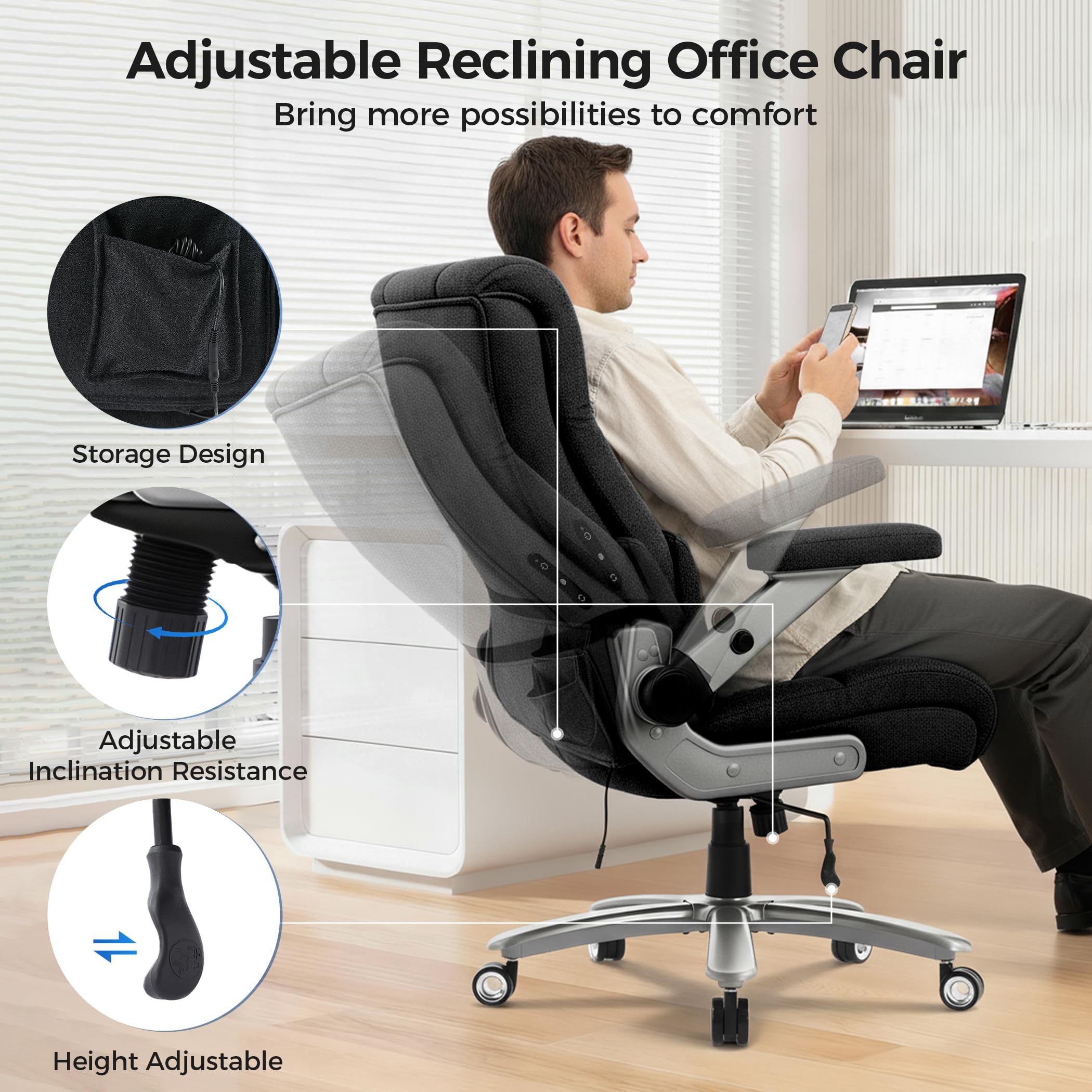500lbs 3D Kneading Massage Office Chair with FootRest, Big and Tall Ergonomic Reclining Computer Gaming Chair, Padded Linkage Armrests, Heavy Duty Metal Base Executive Office Chair