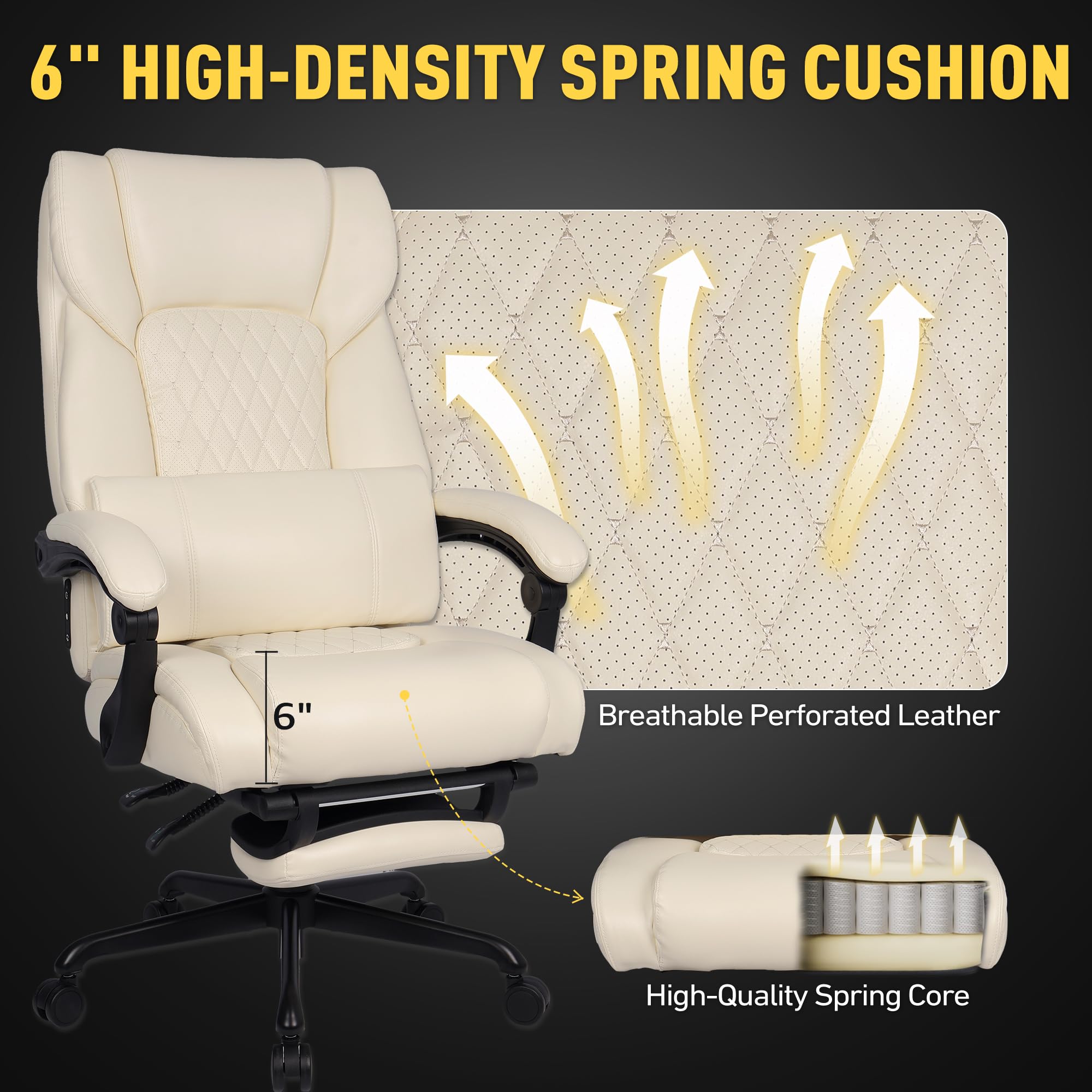 3D Kneading Massage Office Chair with Heat, 500 lbs Big and Tall Executive Computer Desk Recliner, Leather Electric Heated Chair with Footrest, Black