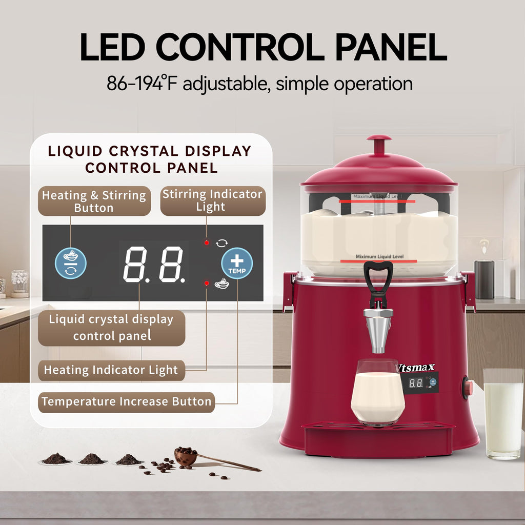10L/2.6Gal Hot Chocolate Machine, Commercial Hot Drink Dispenser, 86–194°F Temperature Control Beverage Warmer with Stainless Steel Spout, Removable PC Bowl for Cocoa, Milk, Coffee, Red