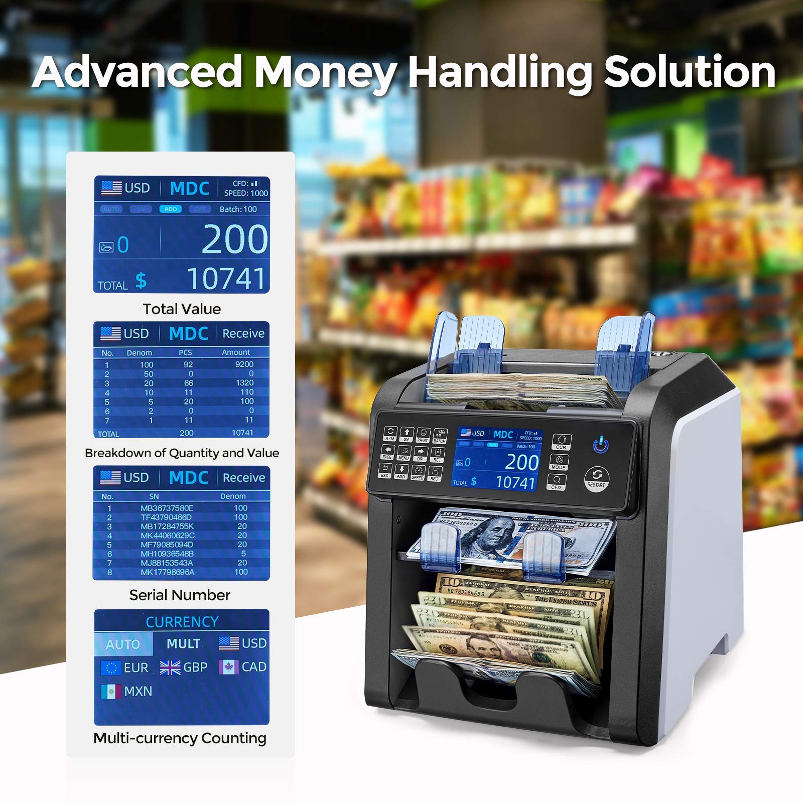 MUNBYN IMC08 Dual Money Counter Machine Mixed Denomination with Reject Pocket, Value Counting, Counterfeit Detection 2 CIS/UV/MG/IR, Sort&Print Enabled Cash Counter, Mixed Bill Counter (Black)