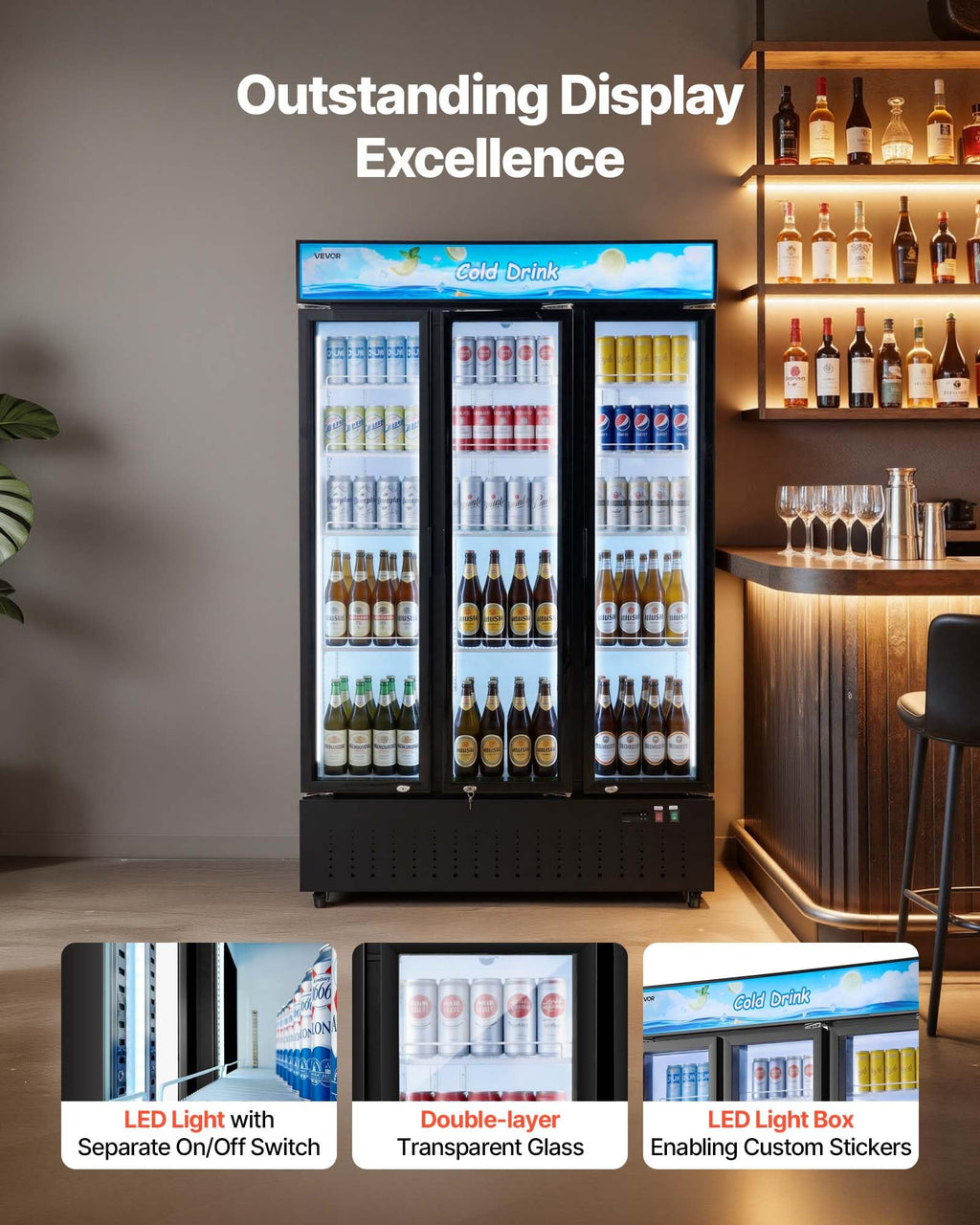 VEVOR Commercial Merchandiser Refrigerator, 6.9 Cu.Ft / 195L Glass Door Display Refrigerator, Upright Beverage Cooler Fridge with 4 Adjustable Shelves, Soft LED Light & Casters for Homes Shops Bars