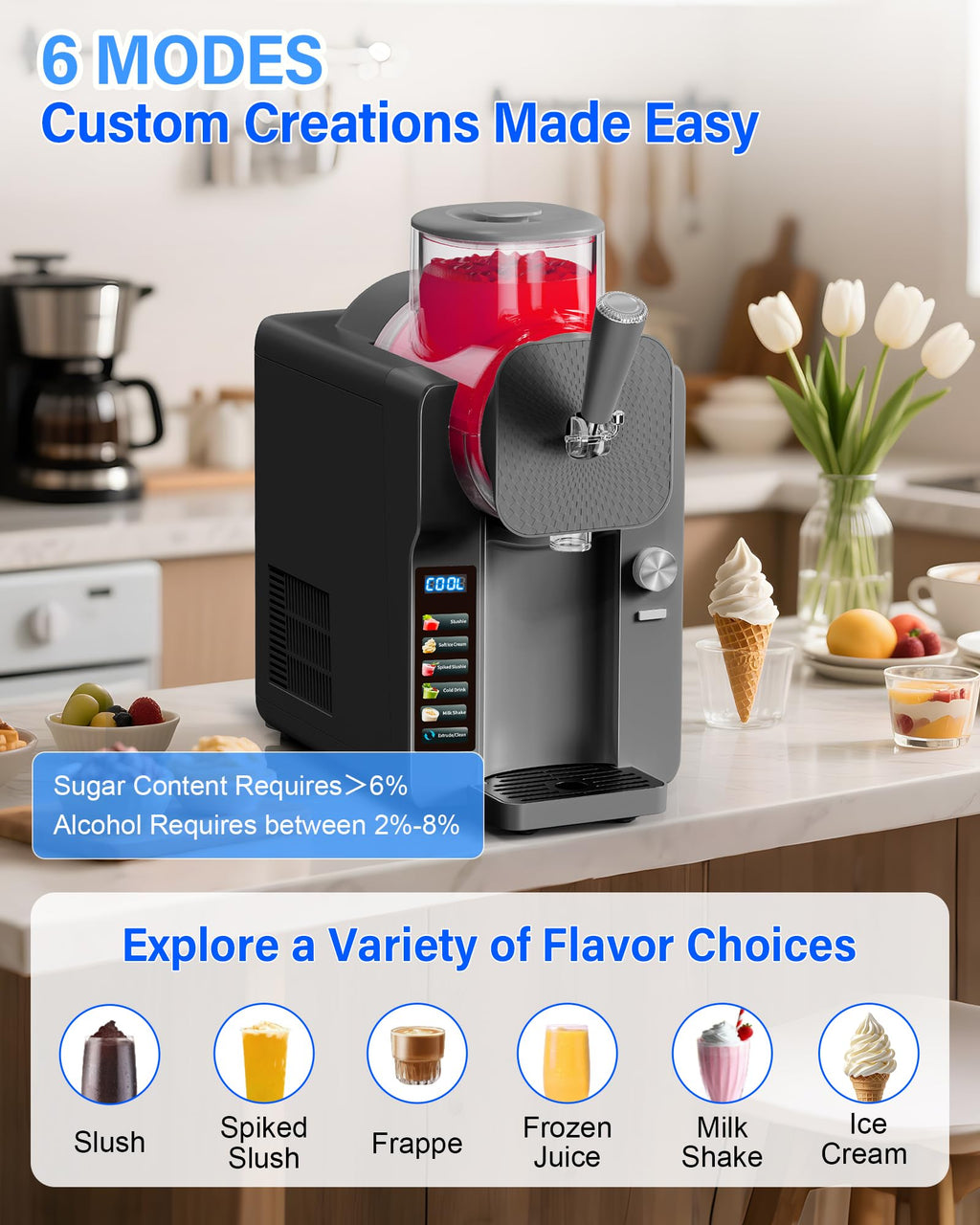 Slush Machine & Ice Cream Maker Machine 2-IN-1, 6 Modes for Smoothies, Milkshakes, Cocktails, Margarita, and Ice Cream, Double-Layer Tank, With Ice Cream Cone Holder, Self-Cleaning, For Home Use