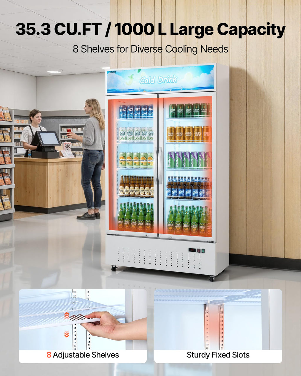 VEVOR Commercial Merchandiser Refrigerator, 6.9 Cu.Ft / 195L Glass Door Display Refrigerator, Upright Beverage Cooler Fridge with 4 Adjustable Shelves, Soft LED Light & Casters for Homes Shops Bars