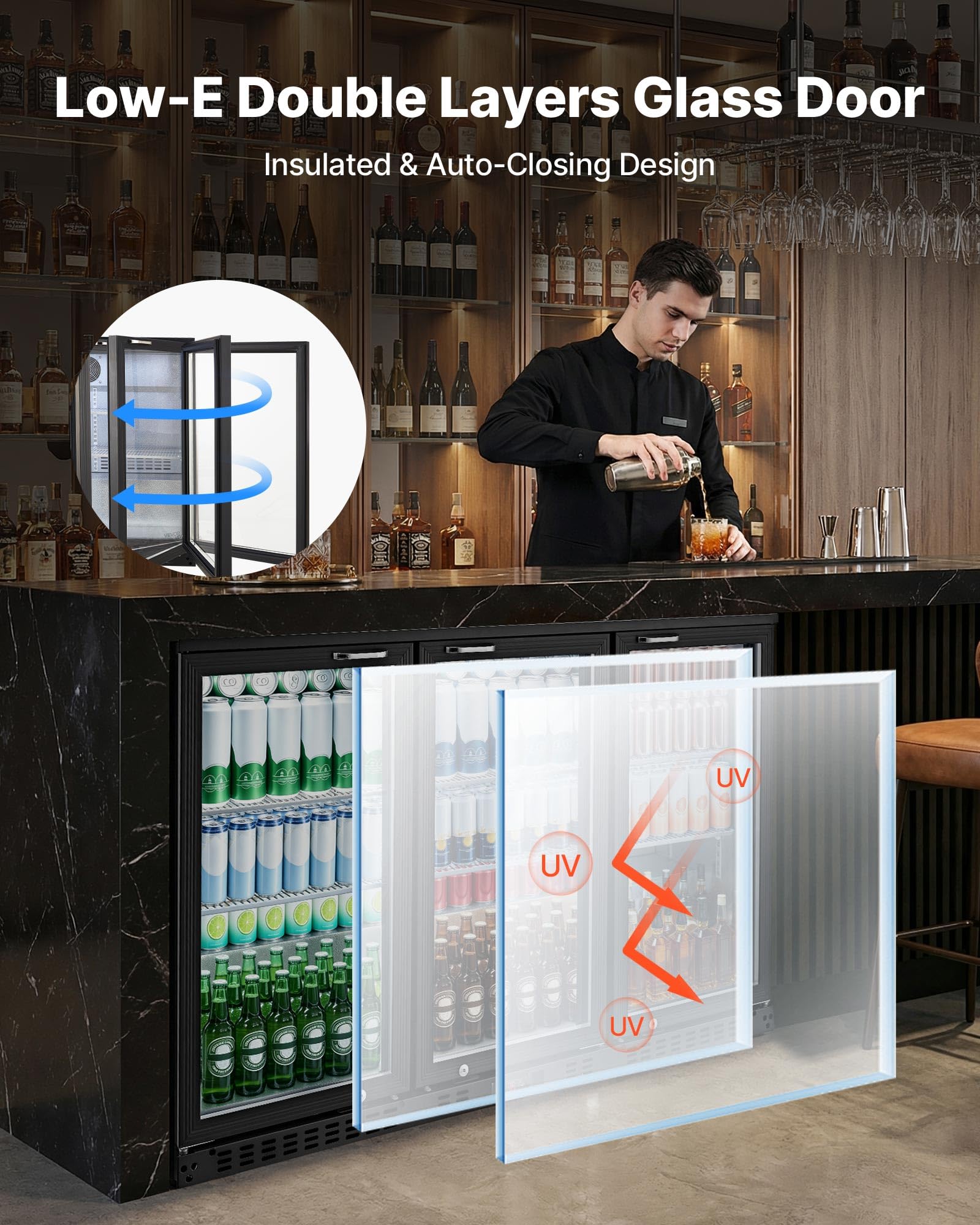 VEVOR Back Bar Cooler, 11.8 Cu. Ft Counter Height Beverage Refrigerator, Commercial Display Fridge w/ 2 Glass Doors, LED Lighting, Shelves, Fan Cooling Beer Wine Cooler for Pub, Merchandiser, Office