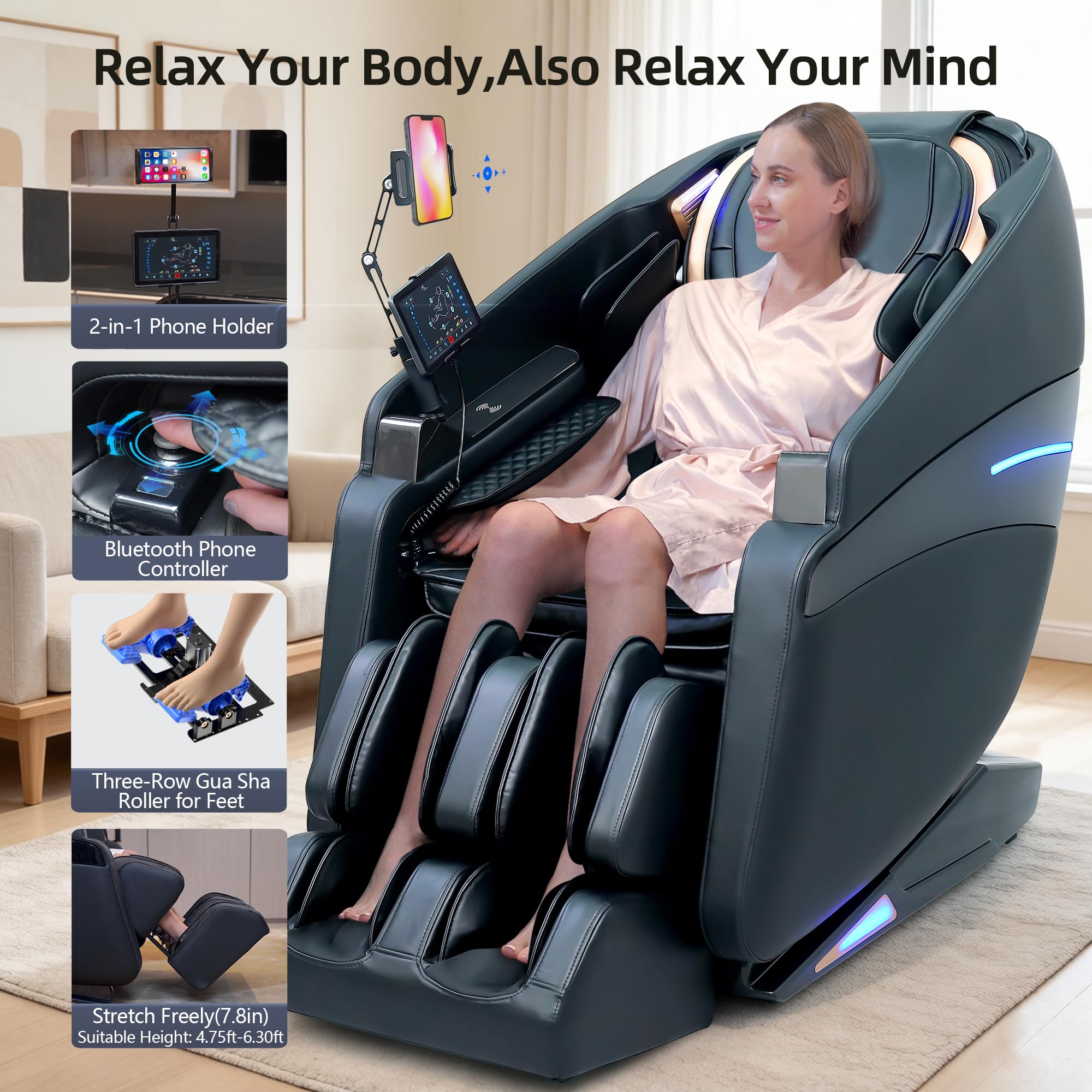4D Massage Chairs Full Body Recliner with Heat Zero Gravity 57'' SL Track Shiatsu Massage Chair for Home Office with AI Voice, 7" Touch Screen, Wireless Charging,Neck & Shoulder Relief