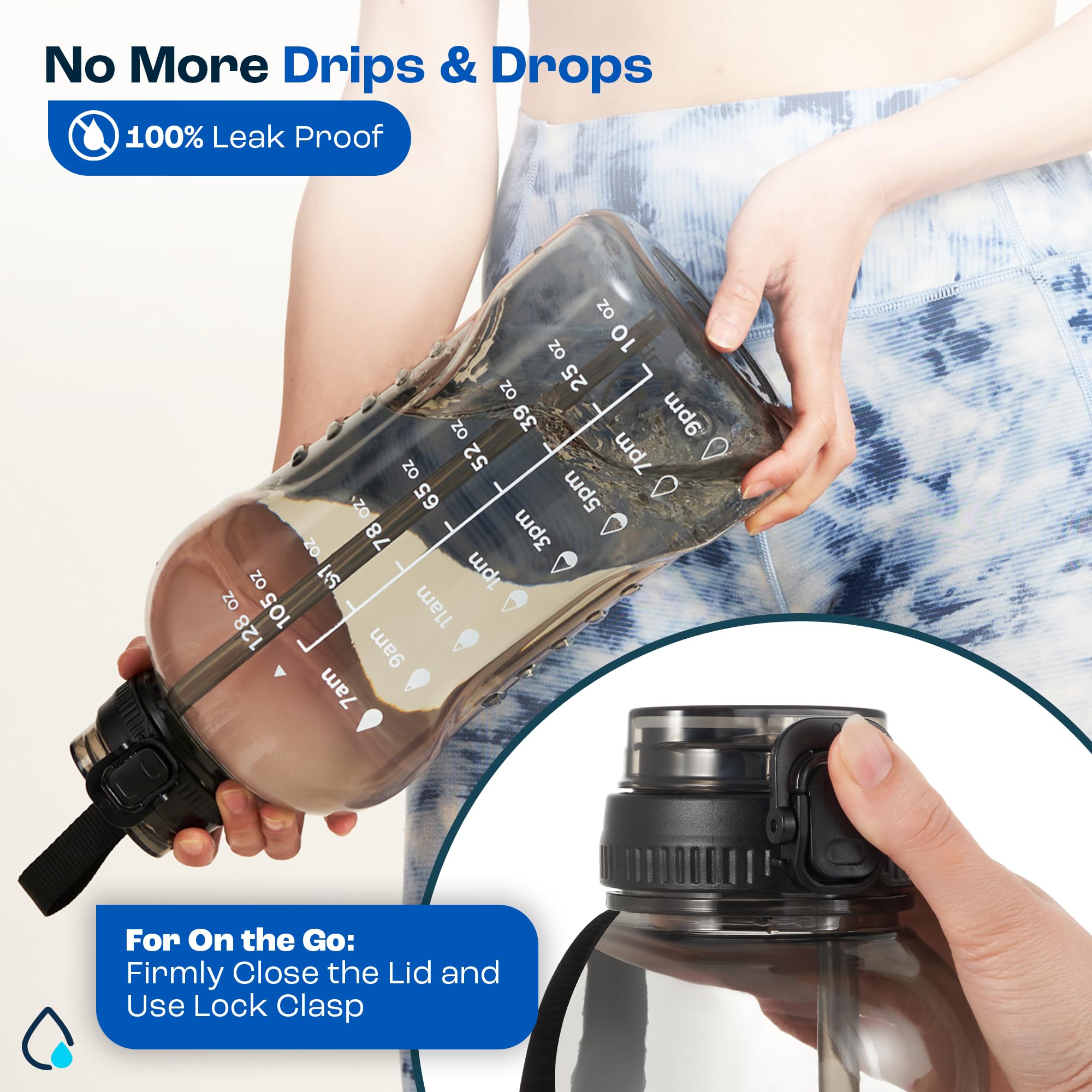 AQUAFIT 64 oz Water Bottle with Time Marker - 2in1 Straw & Chug Lid - BPA Free Big Water Bottle with Straw - Gym Water Bottle with Strap - Water Jug (64 Ounces, Clarity)