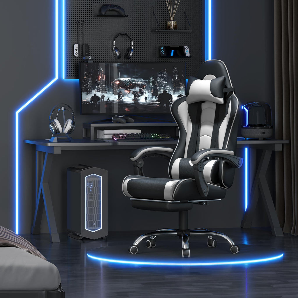 Yaheetech Gaming Chair with Electric Massage Lumbar Support, Footrest & Headrest — Ergonomic High Back Recliner for Home Office, Computer Desk Chair, Height Adjustable, 300 lbs, Black/White