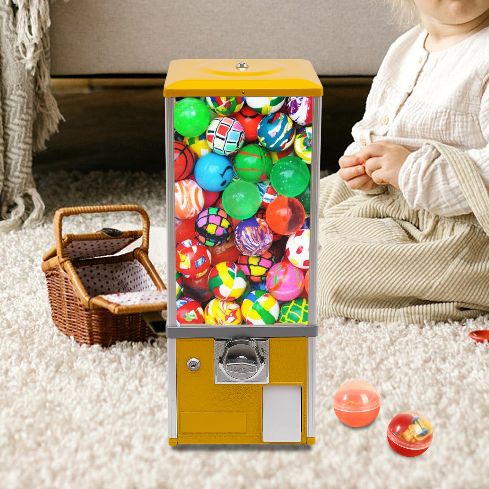 Commercial Candy Vending Machine, 4-Quarter Operated Toy Dispenser with Key Lock, 250-Capacity Capsule Vendor for Arcades Stores, 1.77-1.97in Toys (Black)