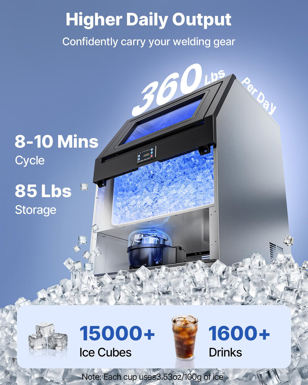 VEVOR Commercial Ice Maker Machine with Pump, 360 lbs/24h with 85 lbs Storage Capacity, Built-in/Freestanding/Under Counter, Stainless Steel Ice Maker with LED Display & Self-Cleaning, for Home Bar
