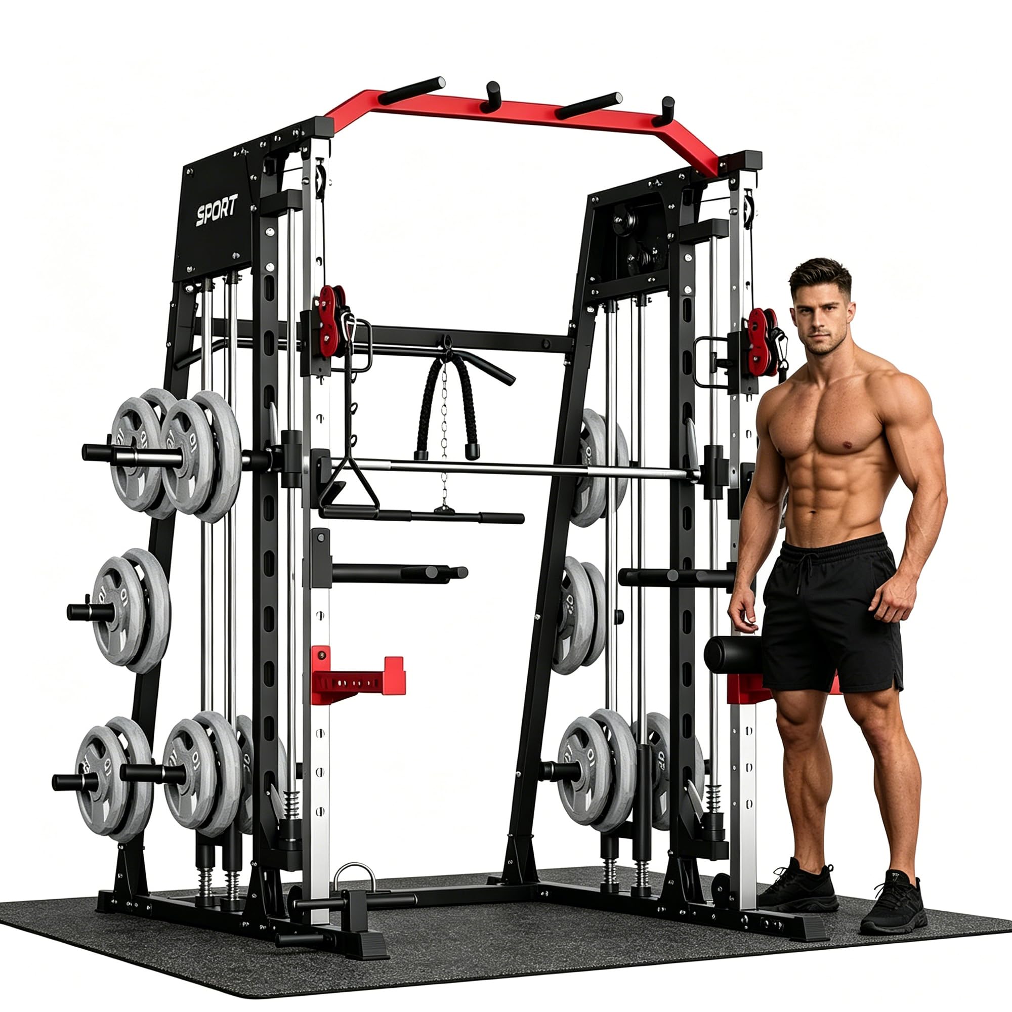 Smith Machine Home Gym All-in-1, 2200LBS Power Cage with Dual Cable Pulley Systems, LAT Pull-Down & Leg Hold-Down | Complete Strength Training Equipment for Full Body Workouts