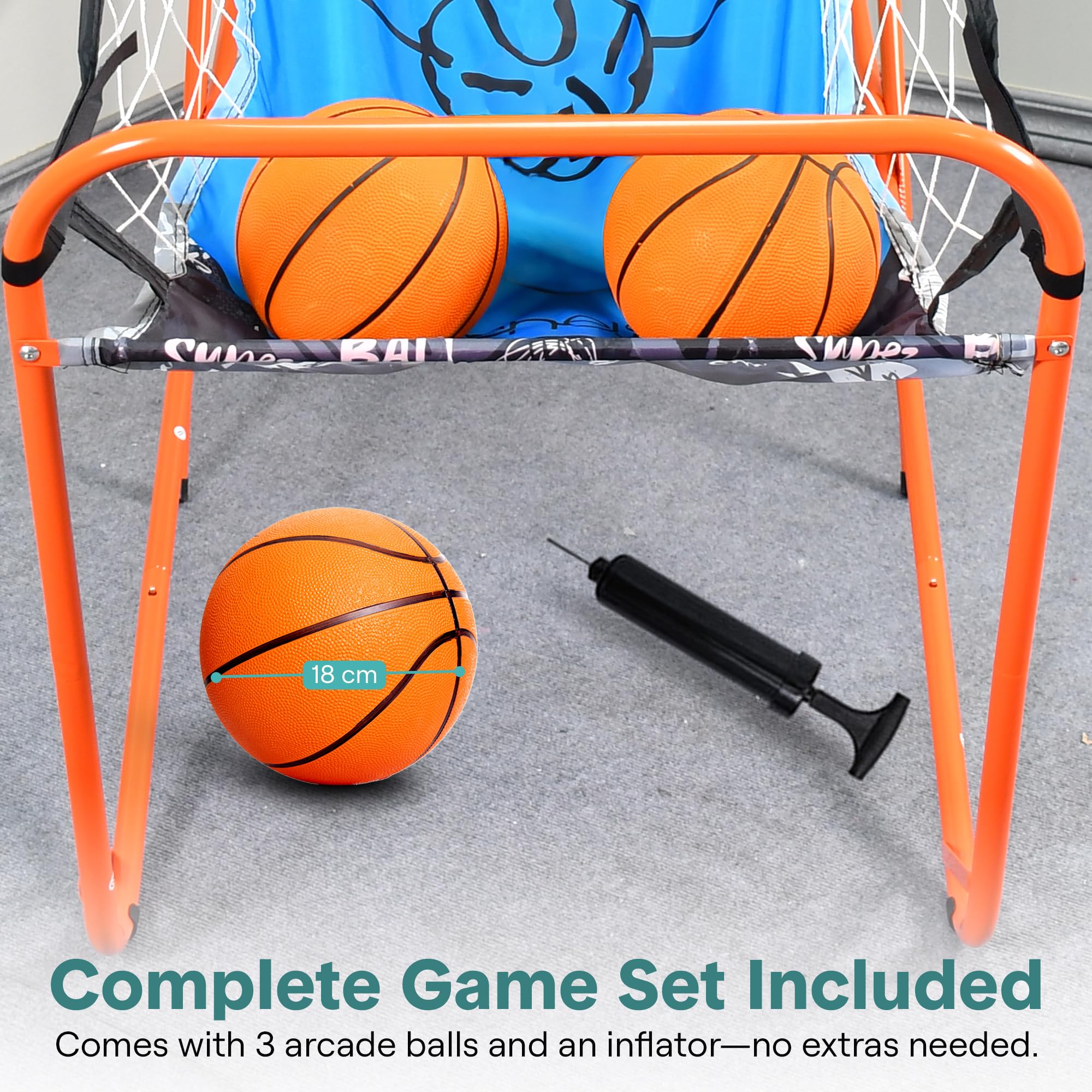 SereneLife Dual Shot Basketball Arcade Game with Electronic Scorer, 8 Game Modes, Indoor Outdoor 2 Player Basketball Shooting Game, Foldable Arcade Set with 5 Balls and Pump