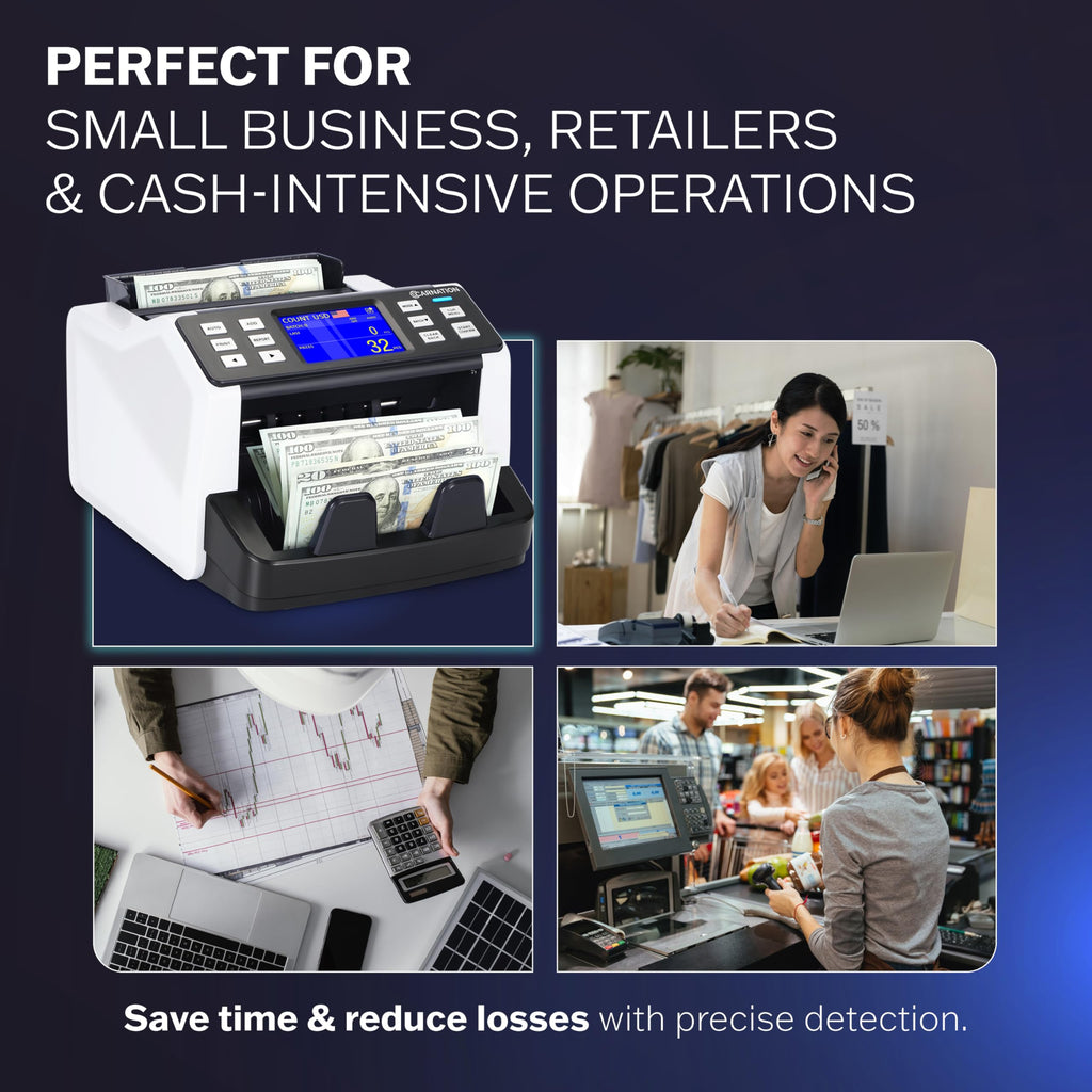 Carnation Money Counter Machine Cash Counting & Mixed Denomination Bill Counter, Portable Currency Detector, Counterfeit Bank Scanner, Dollar Sorter for Commercial, 1100 N/M, UV/MG/MT/IR/2CIS
