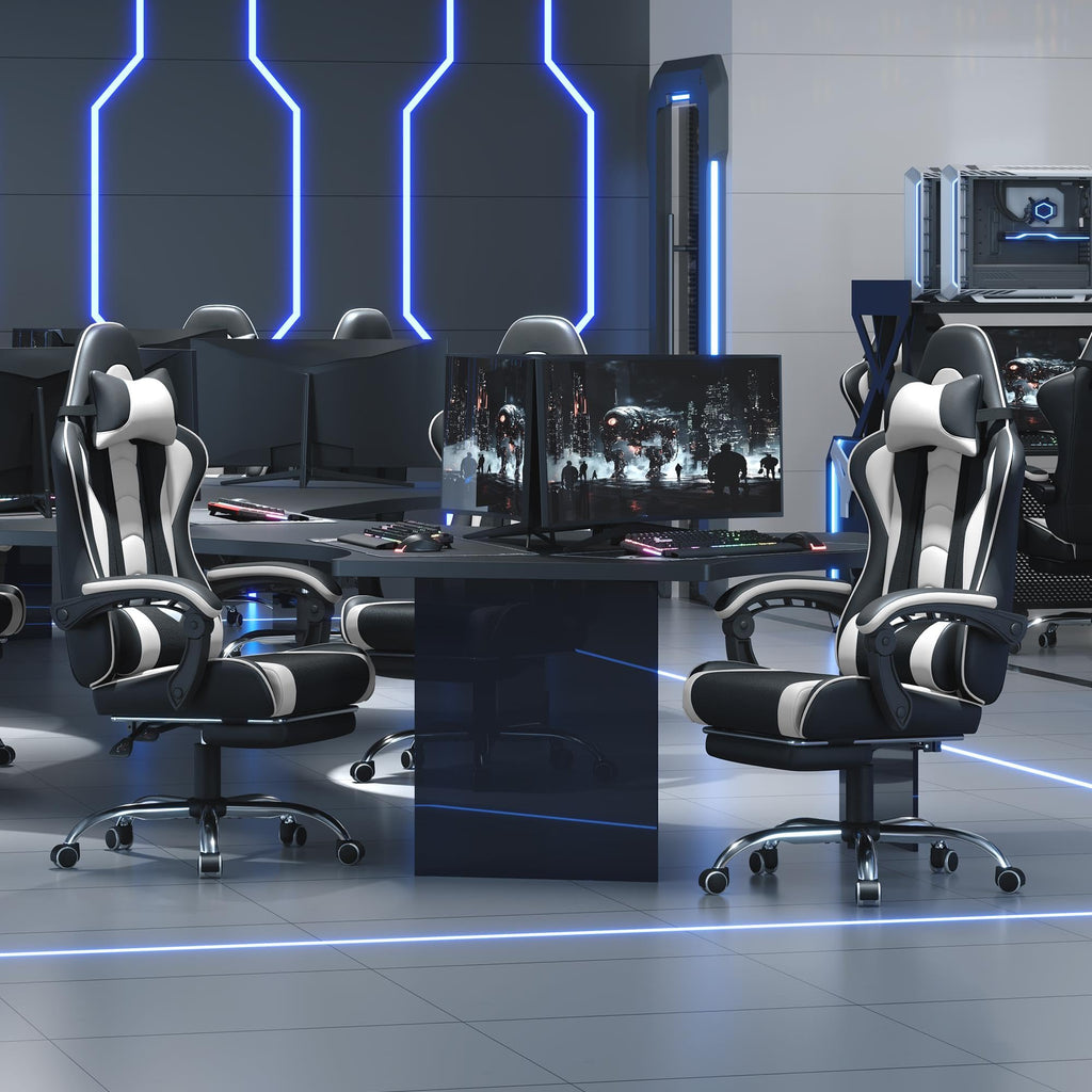 Yaheetech Gaming Chair with Electric Massage Lumbar Support, Footrest & Headrest — Ergonomic High Back Recliner for Home Office, Computer Desk Chair, Height Adjustable, 300 lbs, Black/White