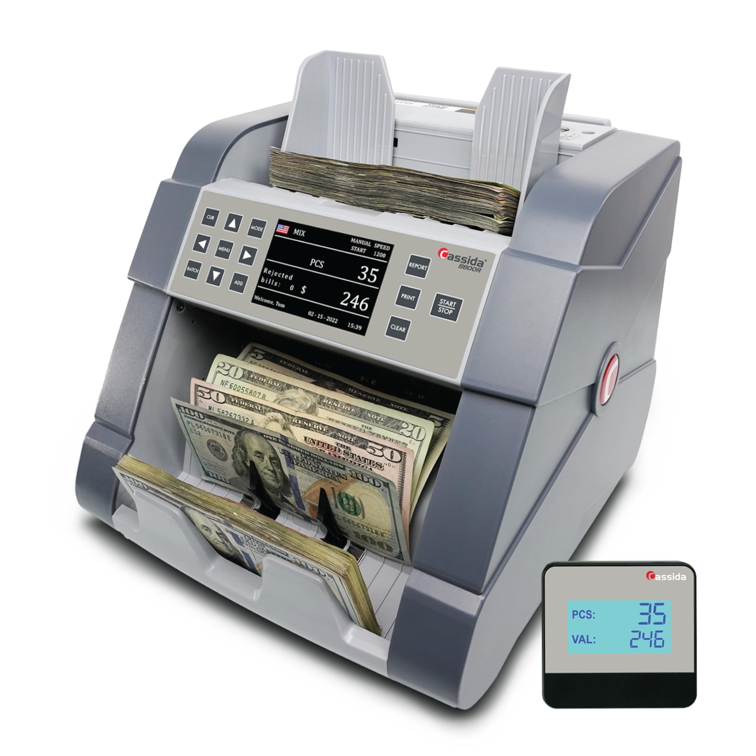 Cassida 9900R V2 2-Pocket Premium Bank Grade Money Counter Machine Mixed Denomination, Bill Sorter, Value Counting, Printer Enabled, 2 CIS, UV/MG, IR/IT Counterfeit Detection with Built-in Printer