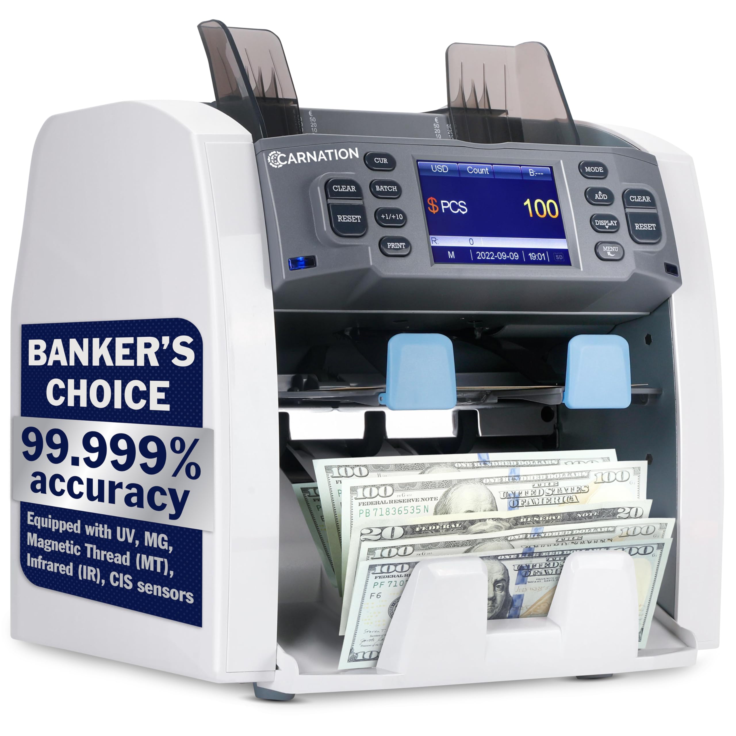 Carnation Money Counter Machine Cash Counting & Mixed Denomination Bill Counter, Portable Currency Detector, Counterfeit Bank Scanner, Dollar Sorter for Commercial, 1100 N/M, UV/MG/MT/IR/2CIS