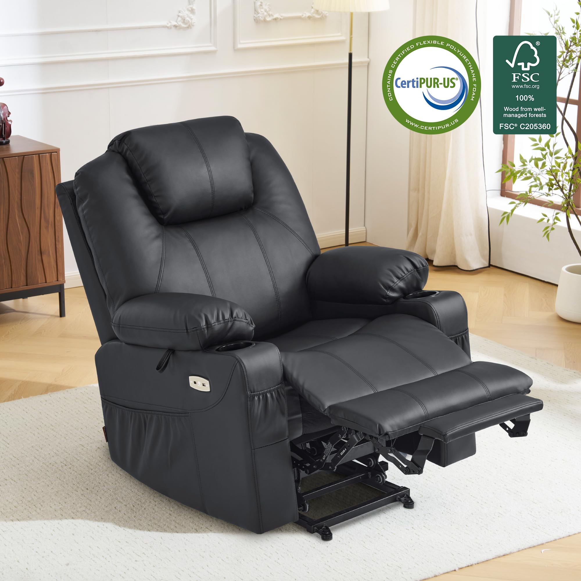 MCombo Electric Power Lift Recliner Chair Sofa with Massage and Heat for Elderly, 3 Positions, 2 Side Pockets, and Cup Holders, USB Ports, Faux Leather 7040 (Grey, Medium)