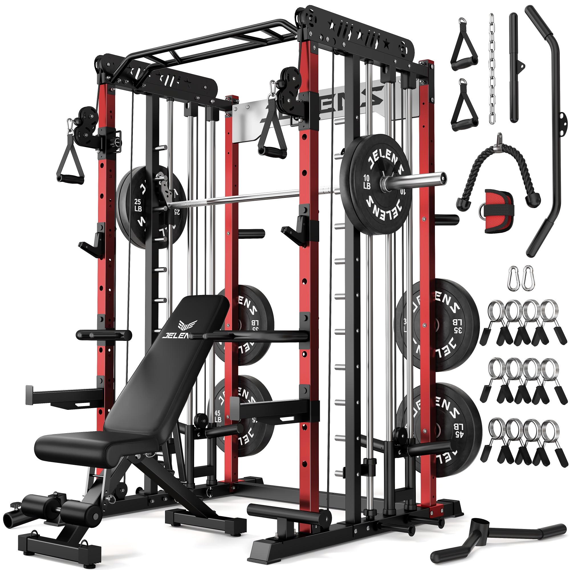 JELENS Smith Machine for Home Gym, Multi-Function M12 Power Cage with Cable Crossover System, Squat Rack with Smith Bar and More Attachment