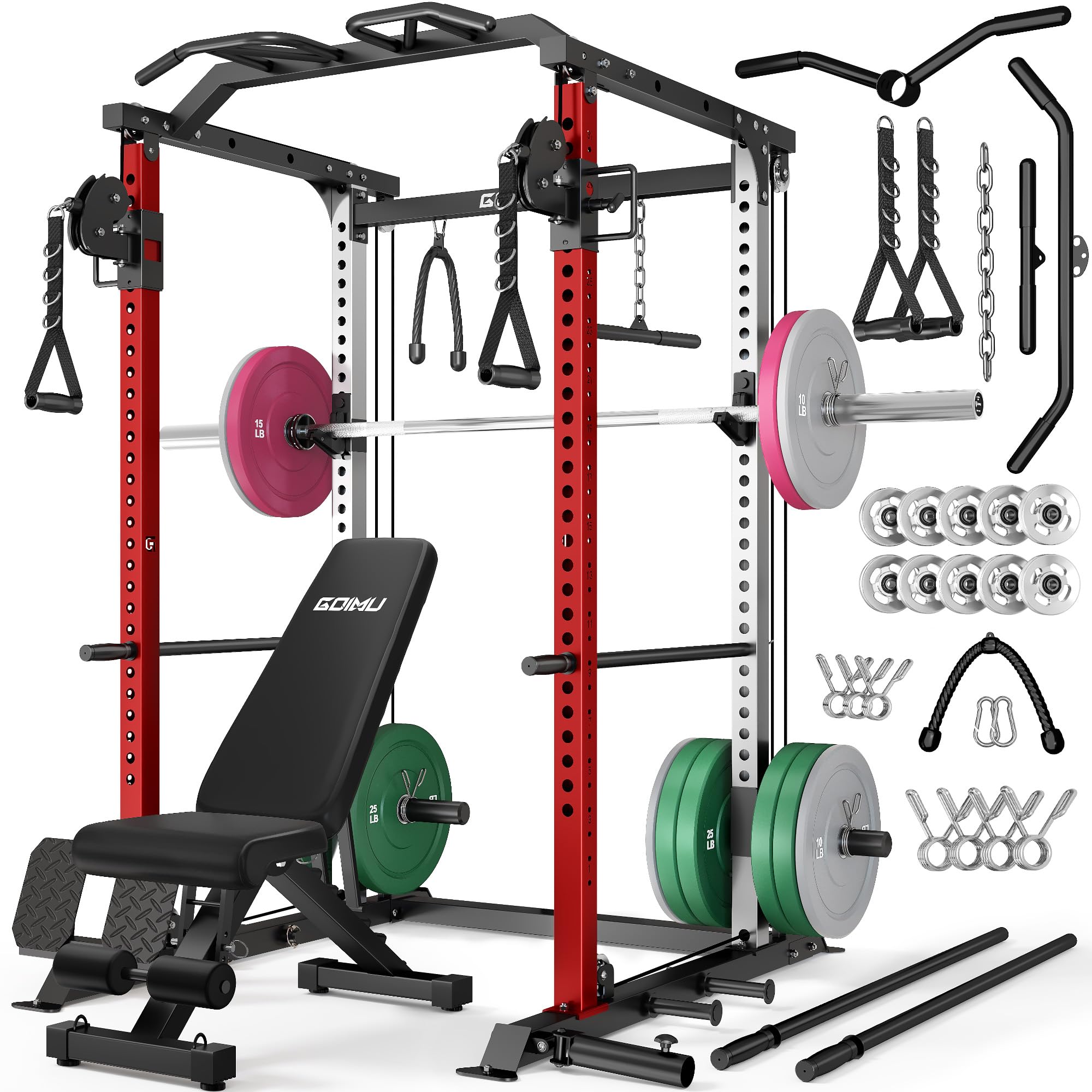 DP01 Power Cage, 2000LBS Squat Rack with with Cable Crossover and Dual Independent Pulley System, Full Cage for Full Body Training, Power Rack with More Training Attachments for Home Gym