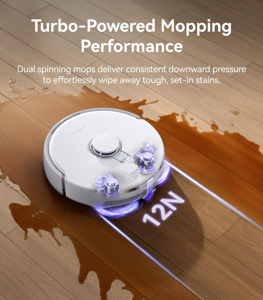 NARWAL Freo Z10 Turbo Robot Vacuum and Mop Combo, 25000Pa Suction, Edge-to-Edge Cleaning, Tangle-Free for Pet Hair, Auto Mop Wash, Smart Avoidance, Self-Emptying, for Carpet & Hard Floors, White