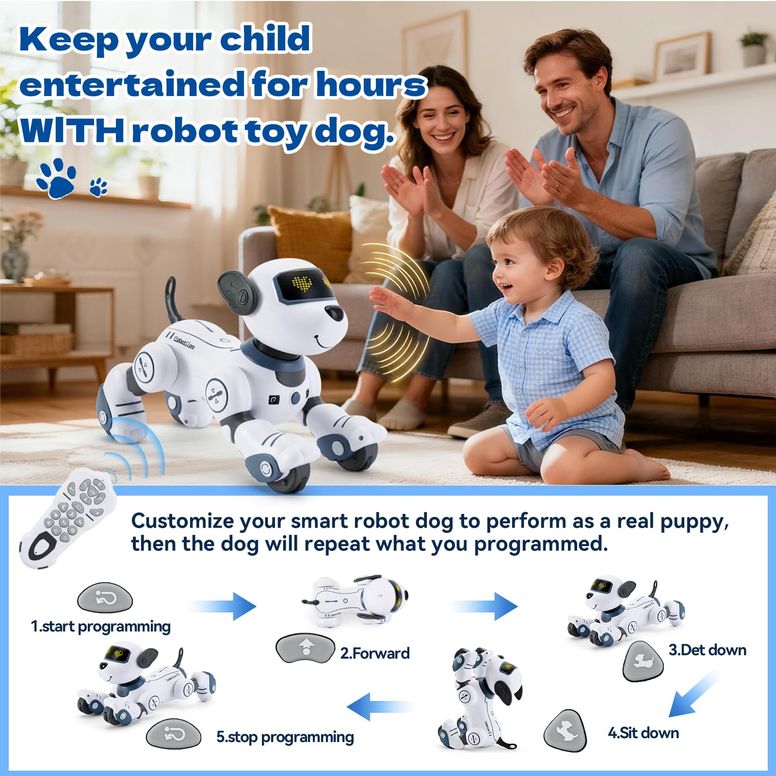 Robot Dog for Kids Robot Dog Remote Control Toy Interactive Robot Pet Robotics Toys Intelligent Robo Dog Programmable Sing & Dance Design Birthday Gifts Kids Age 3 5 4-6 Year, Blue