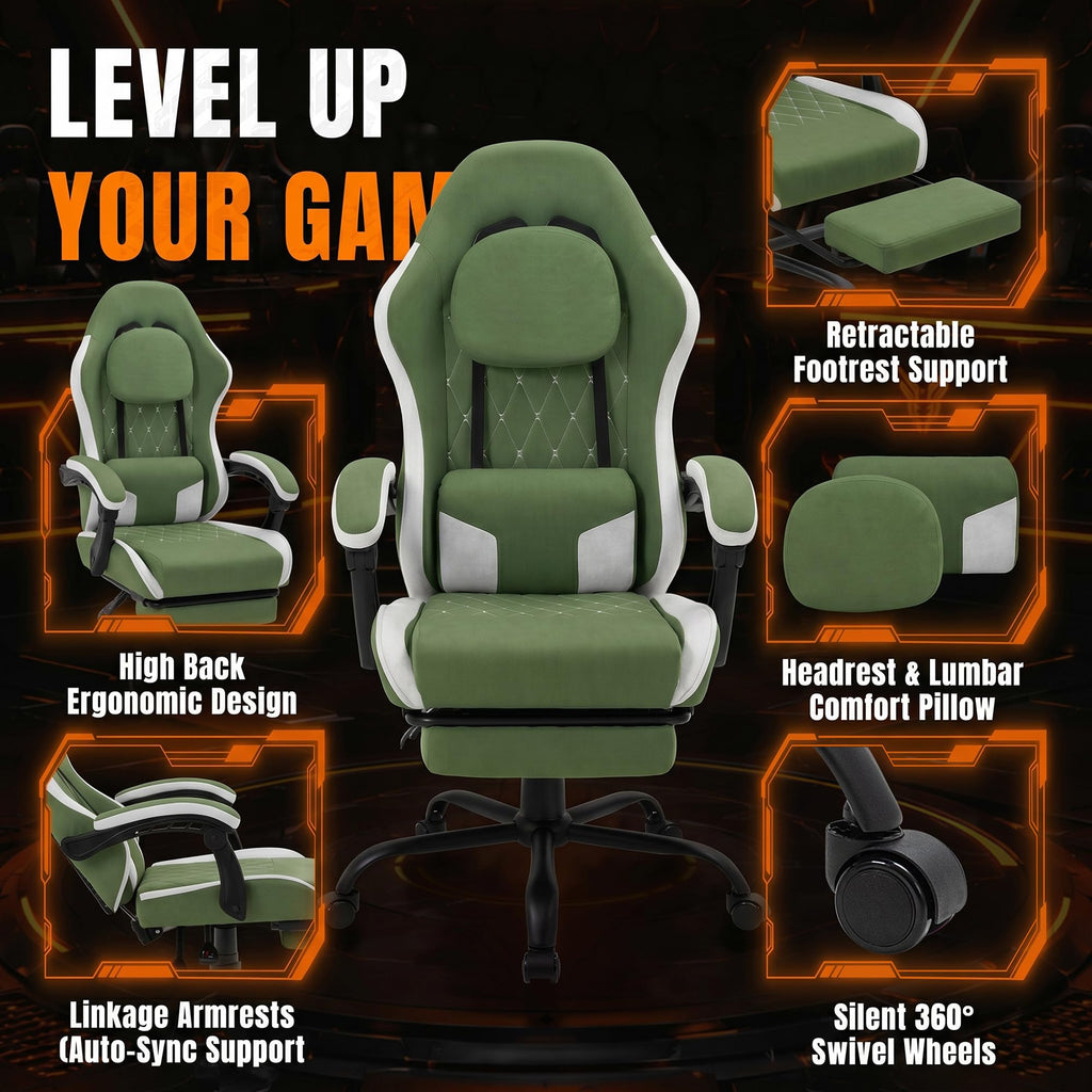 Shintenchi Big and Tall Gaming Chair Fabric Pocket Spring Cushion,High Back Recliner with Footrest and Headrest for Adults, Massage Lumbar Support for Home Office, Ergonomic Computer Desk Chair, Blue