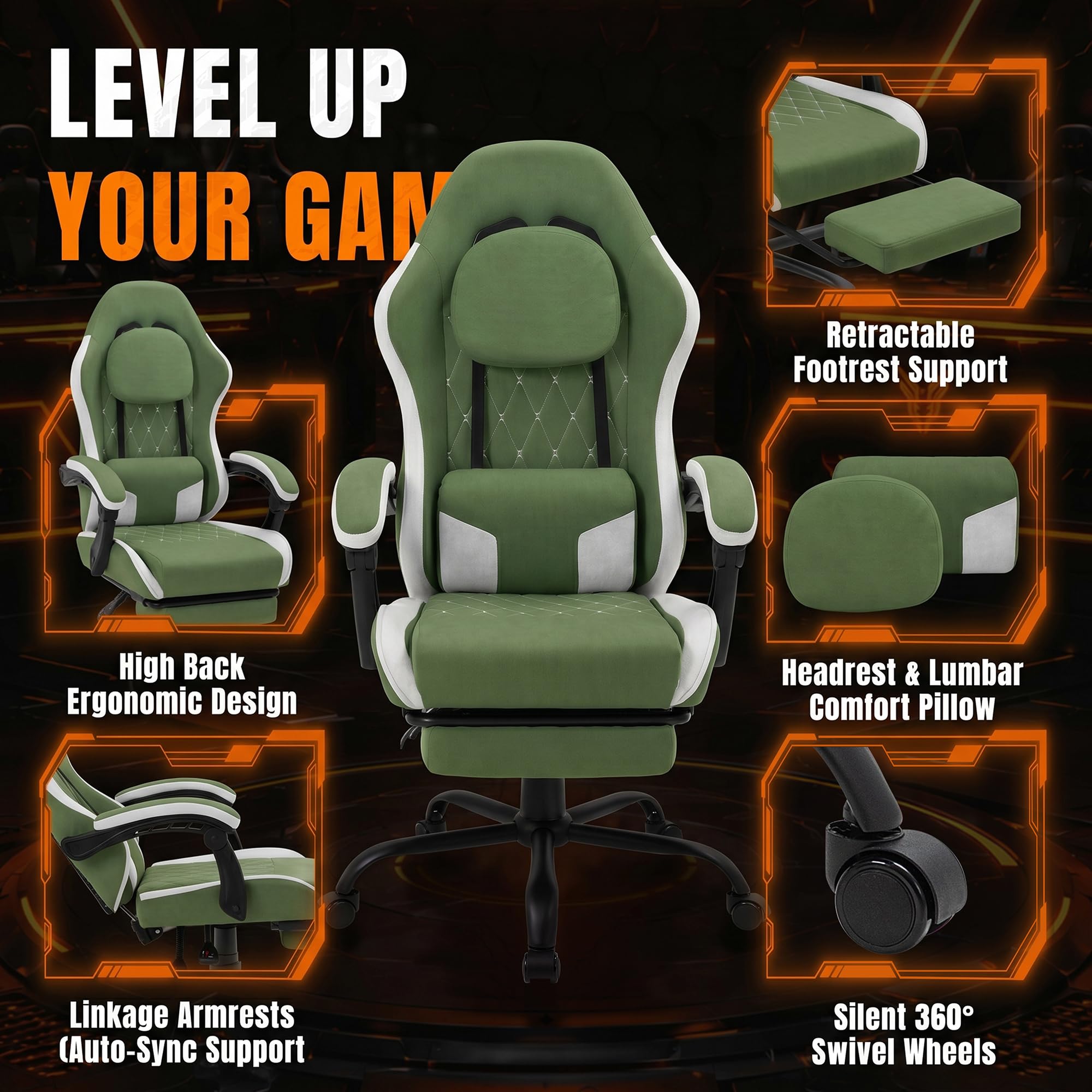 Shintenchi Big and Tall Gaming Chair Fabric Pocket Spring Cushion,High Back Recliner with Footrest and Headrest for Adults, Massage Lumbar Support for Home Office, Ergonomic Computer Desk Chair, Blue