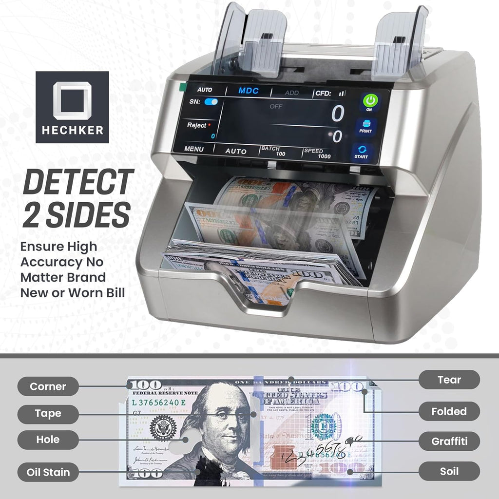 10000 Plus Bank Grade Money Counter Machine – Mixed Denomination Bill Counter with Touch Screen, 2 CIS, UV/MG/IR/MT Detection, Serial Number Reader & External Display, 1500 Bills/Min