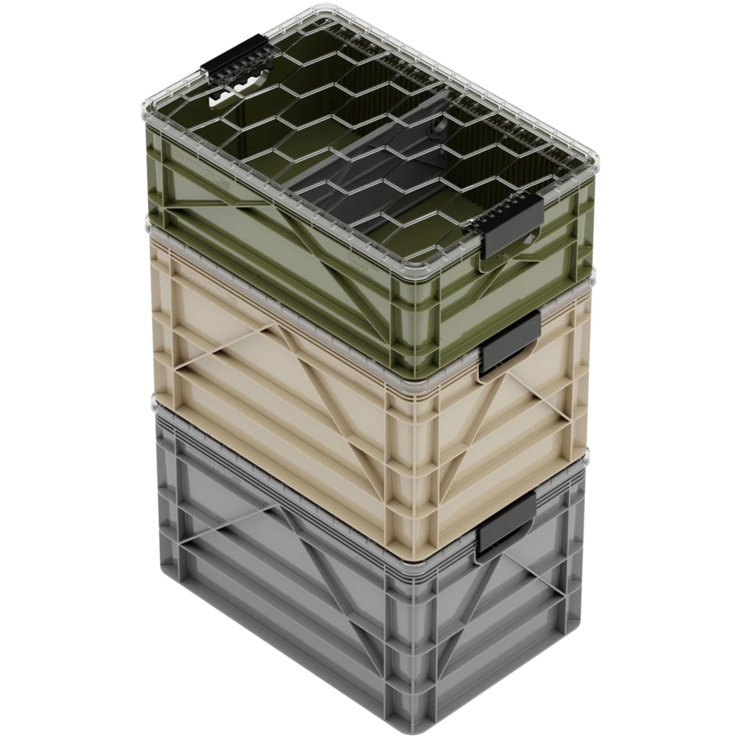 SIDIO CRATE Starter Pack - Two Full Size and One Half Size SidioCrate, Stackable Outdoor Organizer Storage Bins with Clear Lid and Dividers - Tan