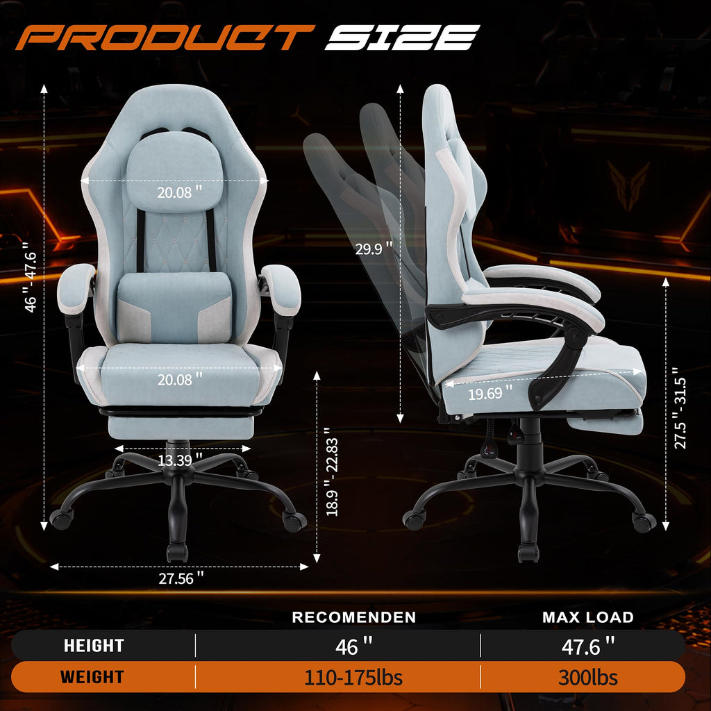 Shintenchi Big and Tall Gaming Chair Fabric Pocket Spring Cushion,High Back Recliner with Footrest and Headrest for Adults, Massage Lumbar Support for Home Office, Ergonomic Computer Desk Chair, Blue