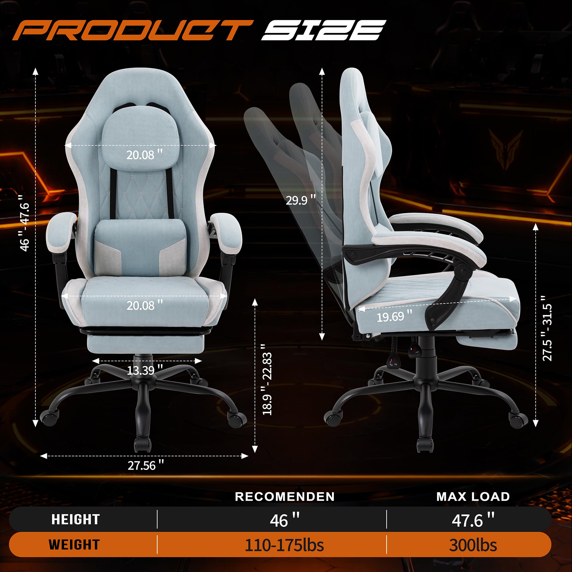 Shintenchi Big and Tall Gaming Chair Fabric Pocket Spring Cushion,High Back Recliner with Footrest and Headrest for Adults, Massage Lumbar Support for Home Office, Ergonomic Computer Desk Chair, Blue