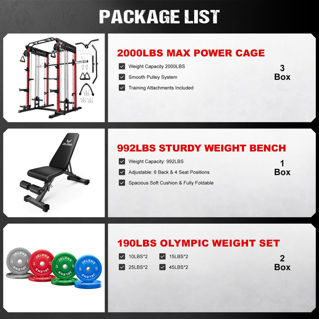 JELENS M21 Smith Machine, Multi-Function Power Cage with Dual Pulley Cable Crossover System, 2000LBS All-in-One Squat Rack with Smith Bar and Attachments for Home Gym