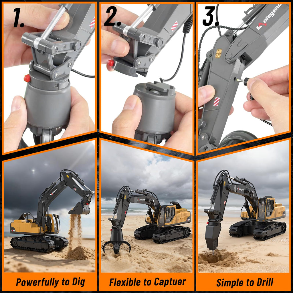 kolegend 3 in 1 Remote Control Excavator Toy 1/14 Scale RC Excavator, 15 Channel Upgrade Full Functional Construction Vehicles with Tools Metal Breaker and Electric Gripper(Yellow/Black)