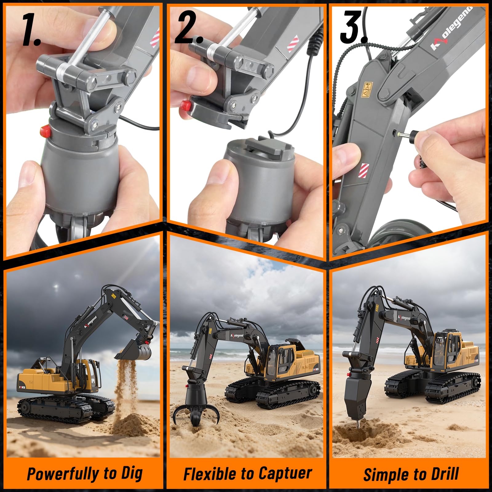 kolegend 3 in 1 Remote Control Excavator Toy 1/14 Scale RC Excavator, 15 Channel Upgrade Full Functional Construction Vehicles with Tools Metal Breaker and Electric Gripper(Yellow/Black)