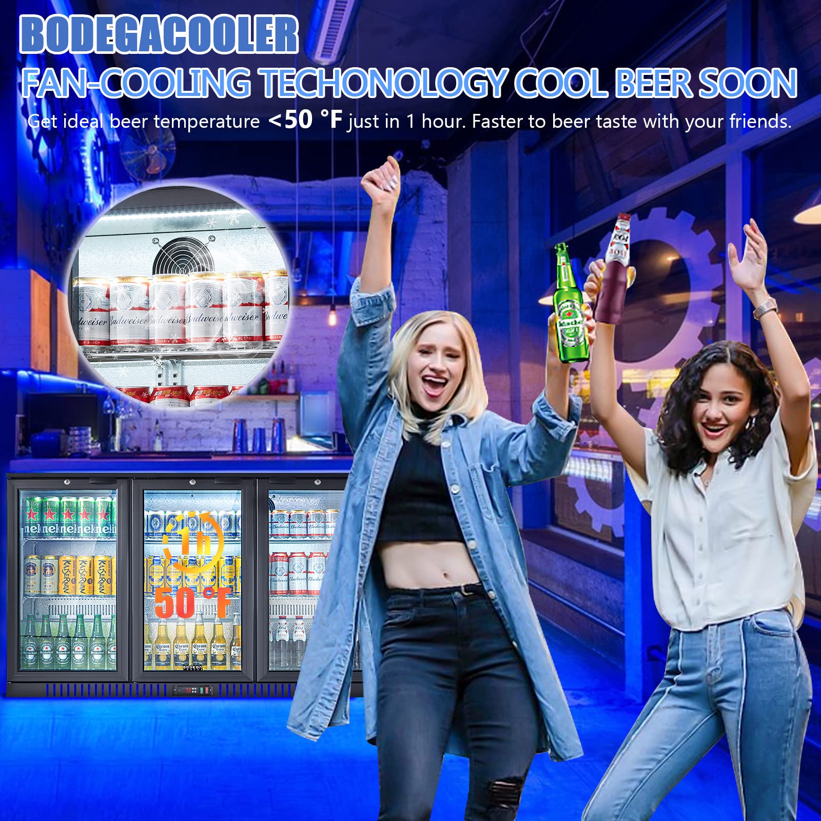 BODEGACOOLER Commercial Beverage Refrigerator with Glass Door,12.5 Cu.Ft Display Merchandiser Drink Refrigerator,Upright Commercial Bar Fridge,Display Drink Cooler,Soft LED Light,Romovable Shelves
