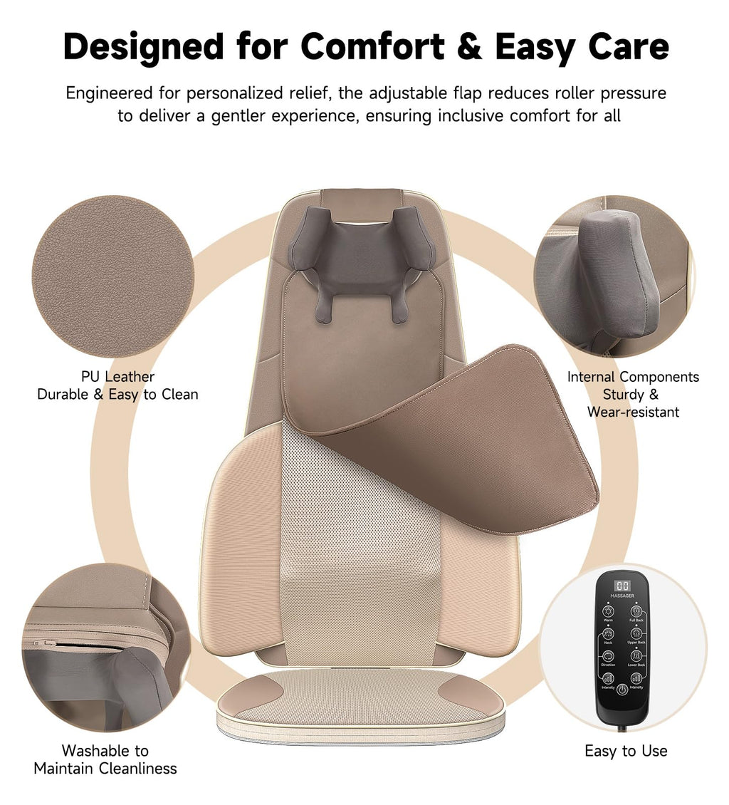 Shiatsu Neck and Back Massager for Chair with Heat, 2 Interchangeable Attachments Full Back Massage Pad Deep Tissue, Adjustable Height 3-Level Intensity for Office Home, Masajeador de Espalda, Khaki