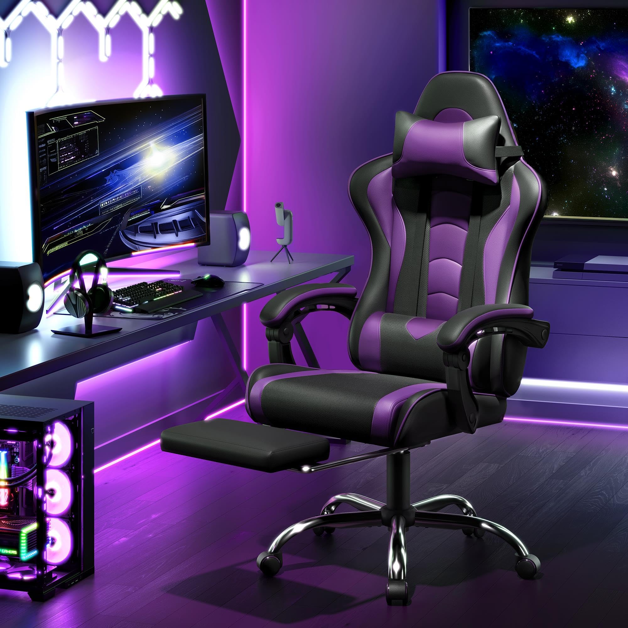 Yaheetech Gaming Chair with Electric Massage Lumbar Support, Footrest & Headrest — Ergonomic High Back Recliner for Home Office, Computer Desk Chair, Height Adjustable, 300 lbs, Black/White